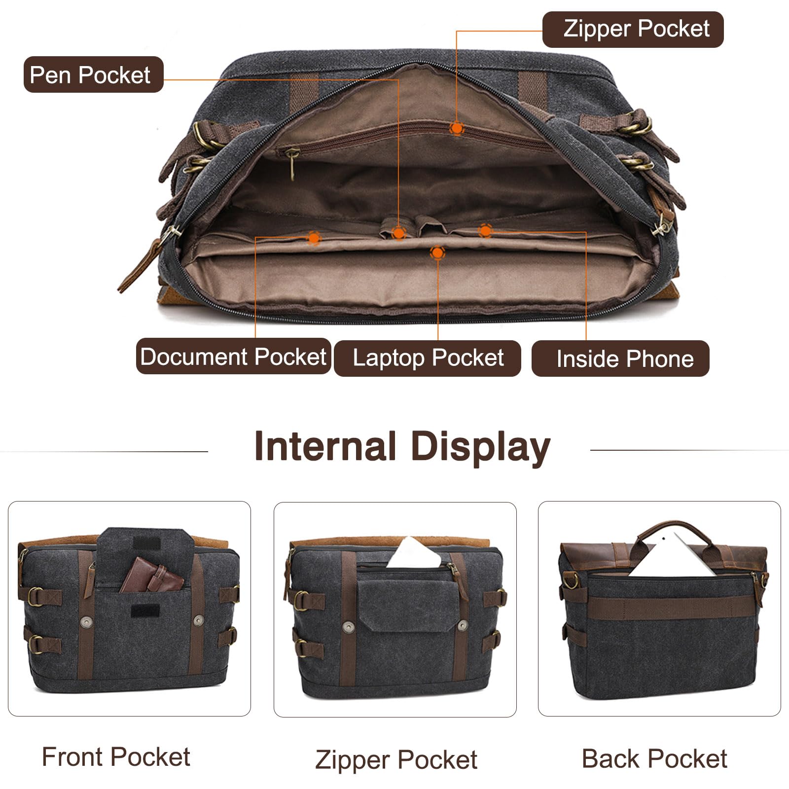 FANDARE Herren Aktentasche Umhängetaschen Groß Arbeitstasche Messenger Bag Herren Arzttasche Retro Tragetasche Aktenkoffer Herren Tote Bag Lehrertasche Notebooktasche für Reisen Geschäft Dunkelgrau