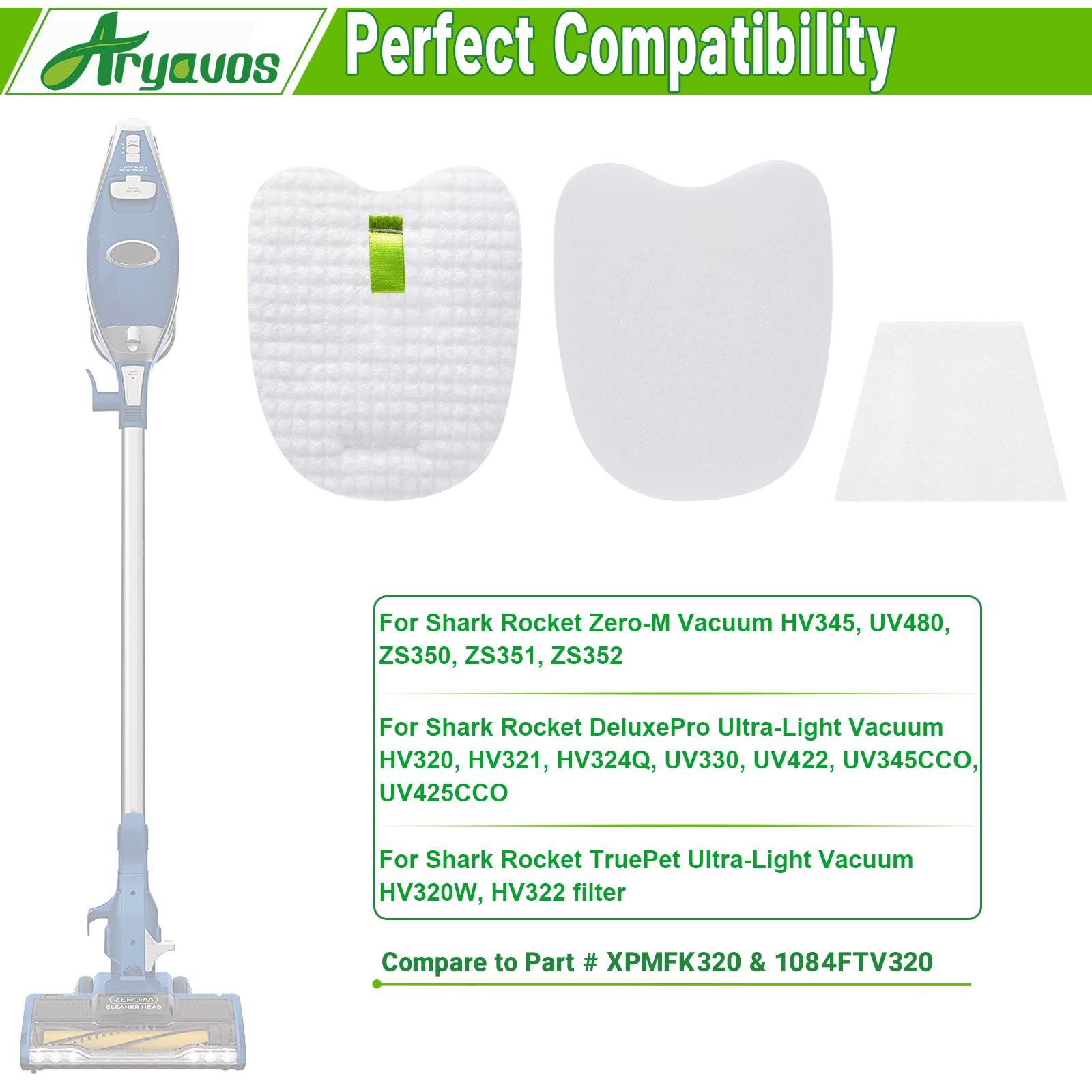 HV322 Filter Replacement for Shark Rocket Vacuum Rocket Pro HV322 HV345 HV320 HV321 UV330 UV480 UV422 ZS350 ZS351 ZS352, Part # XPMFK320 & 1084FTV320, 6 Foam & Felt Filters