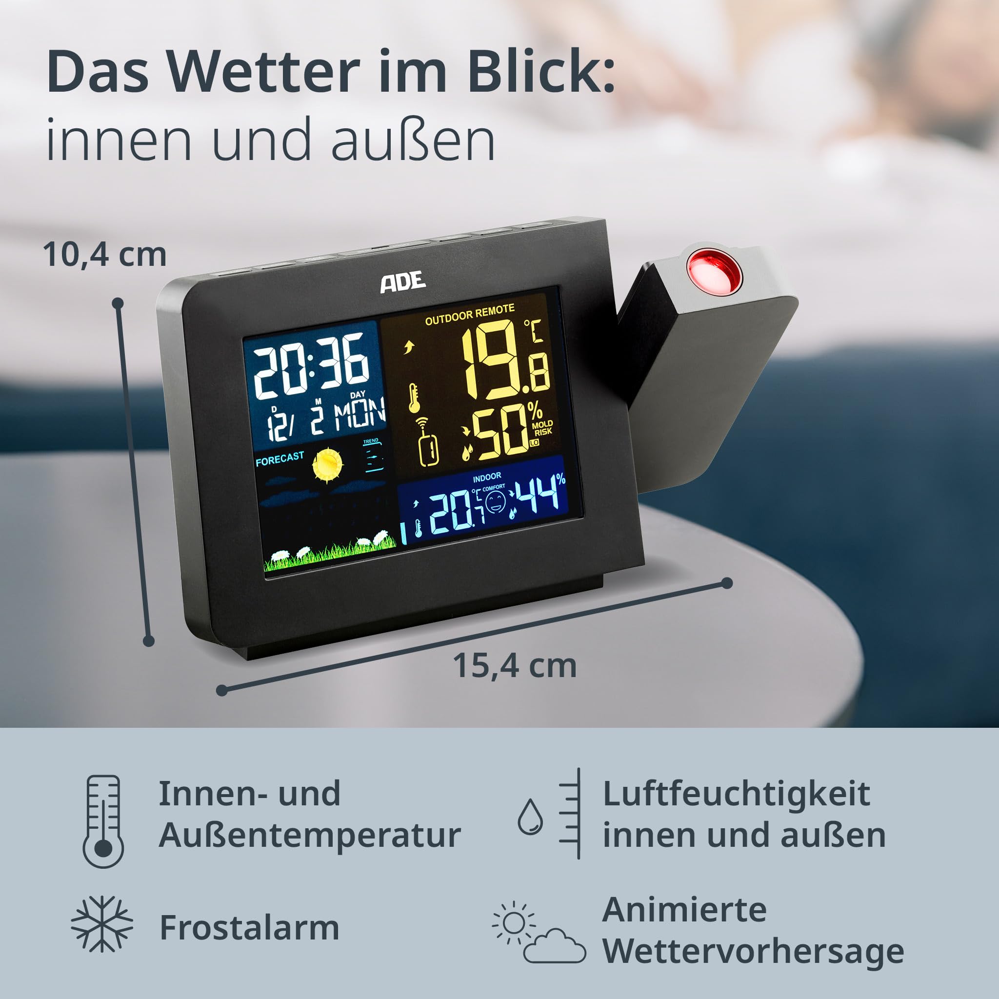 ADE Funkwecker mit Projektion | Funk Wetterstation mit Außensensor | Hygrometer und Thermometer für innen und außen | Projektionswecker | digital mit Netzteil | schwarz