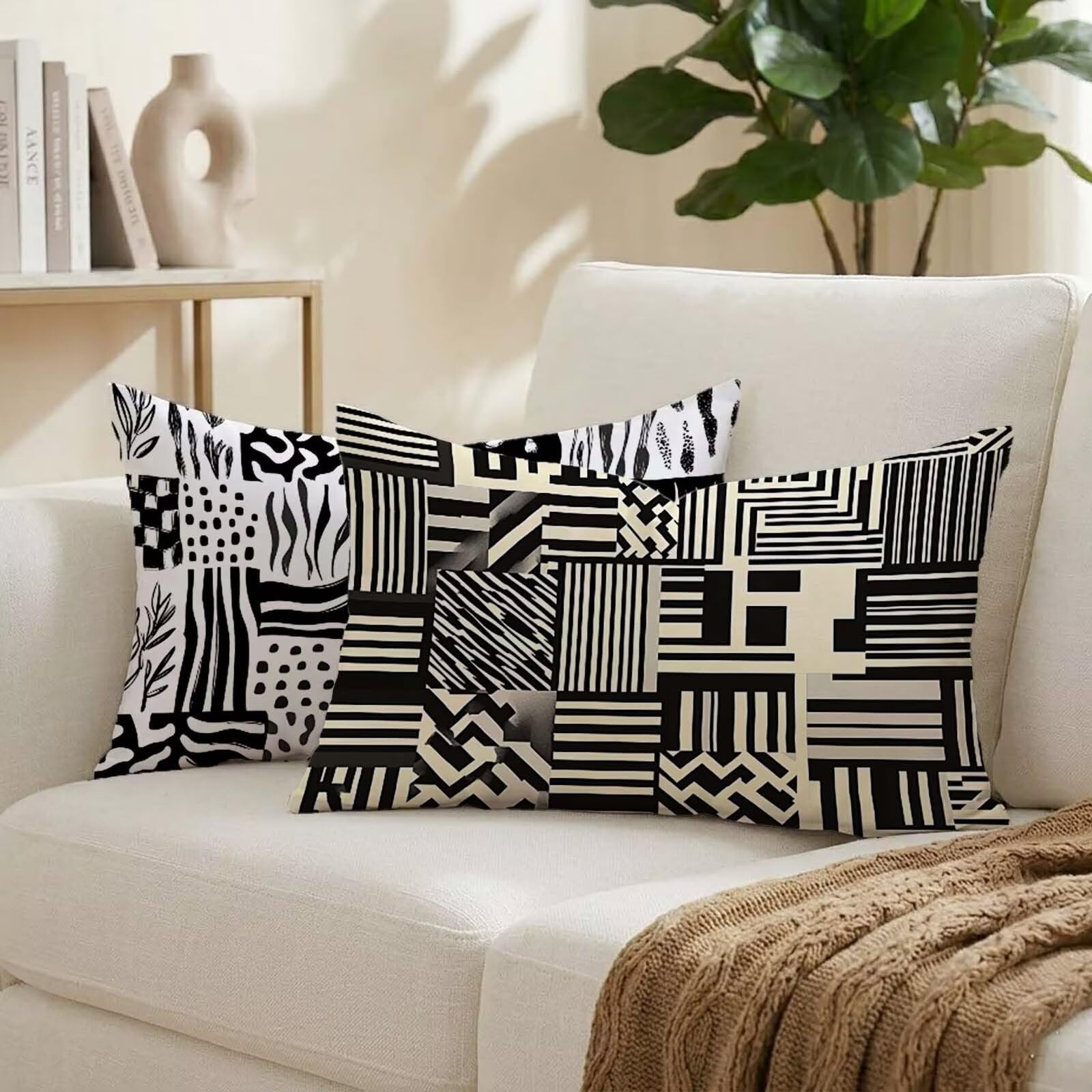 Housse coussin exterieur 50x80 noir lot de 2 imperméable géométrique pour canapé jardin salon