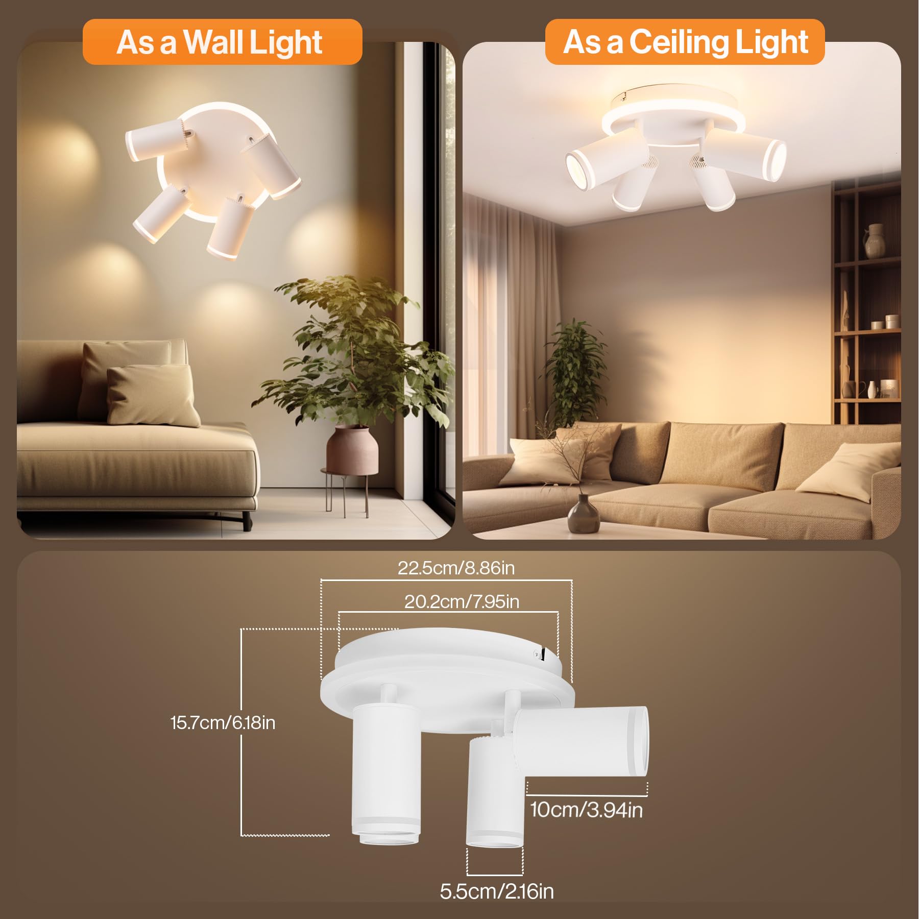Faretti LED Soffitto Orientabili - Faretti da Soffitto Interno Bianco - Lampadario Soffitto 4 Luci con 4 x 5W GU10 LED, 3000K Bianco Caldo Faretti da Parete per Cucina, Camera da Letto, Soggiorno