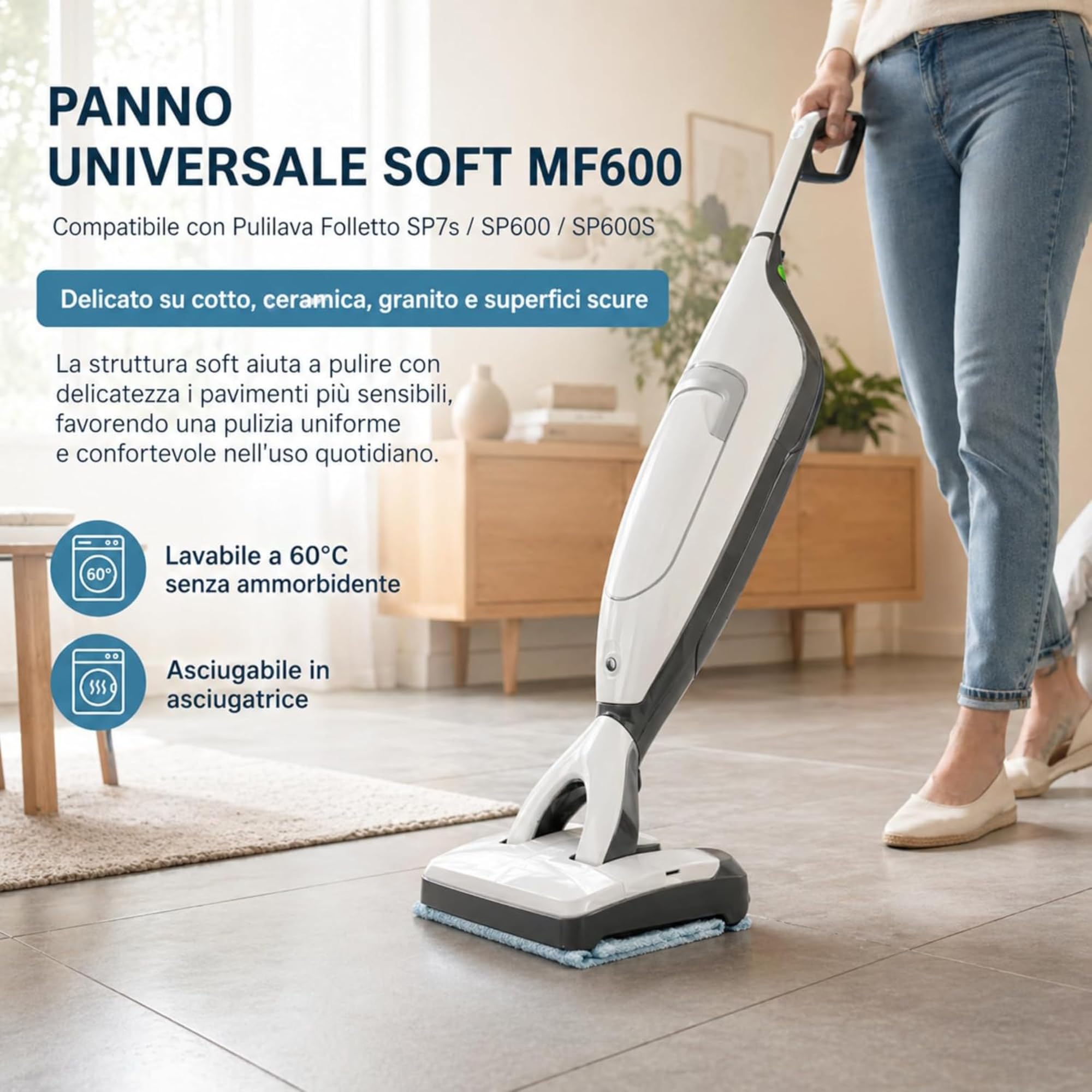 SET 3 PANNI LAVAPAVIMENTI Universale Soft MF600 ORIGINALE + Detergente KOBOCLEAN per Folletto Pulilava SP7s, SP600 e SP600S - Ricambi Folletto per Pavimenti Delicati, Cotto, Ceramica, Granito