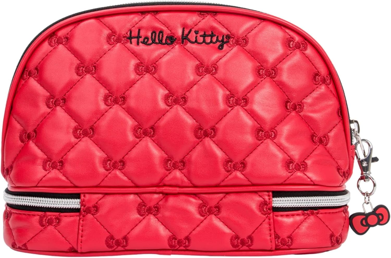Impressions Vanity Hello Kitty Quilted Arch Travel Makeup Bag Organizer, Hello Kitty Bows Embroidered with Enamel Logo Plate, Bottom Zipper Cosmetic Bag, Black Polyester Lined Interior, Inner Pocket