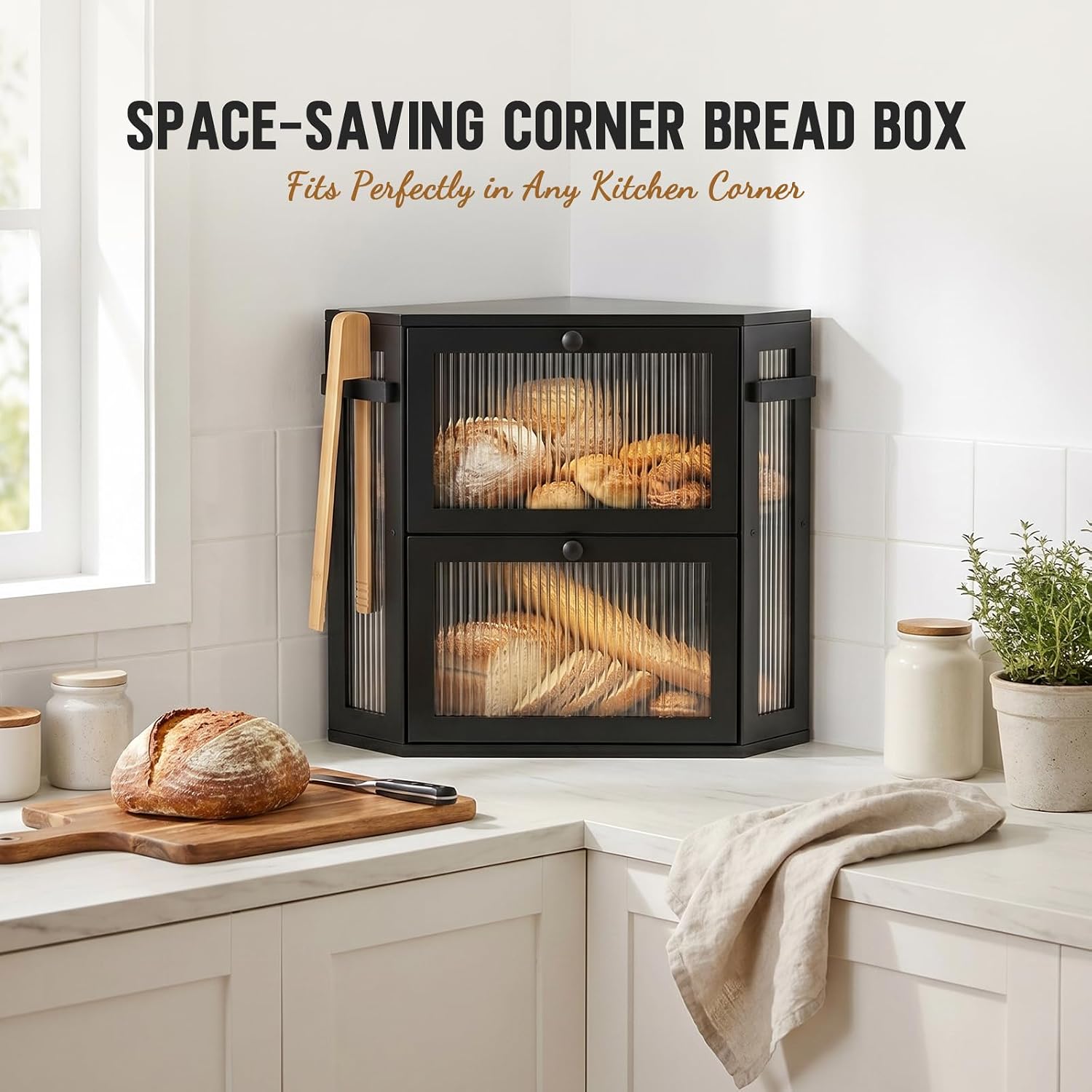 Black Corner Bread Box for Kitchen Countertop, Extra Large Bamboo Storage Breadbox with Bread Tong, 2 Tier Modern Bread Bin Container for Homemade Bread with Ribbed Acrylic Door Panel