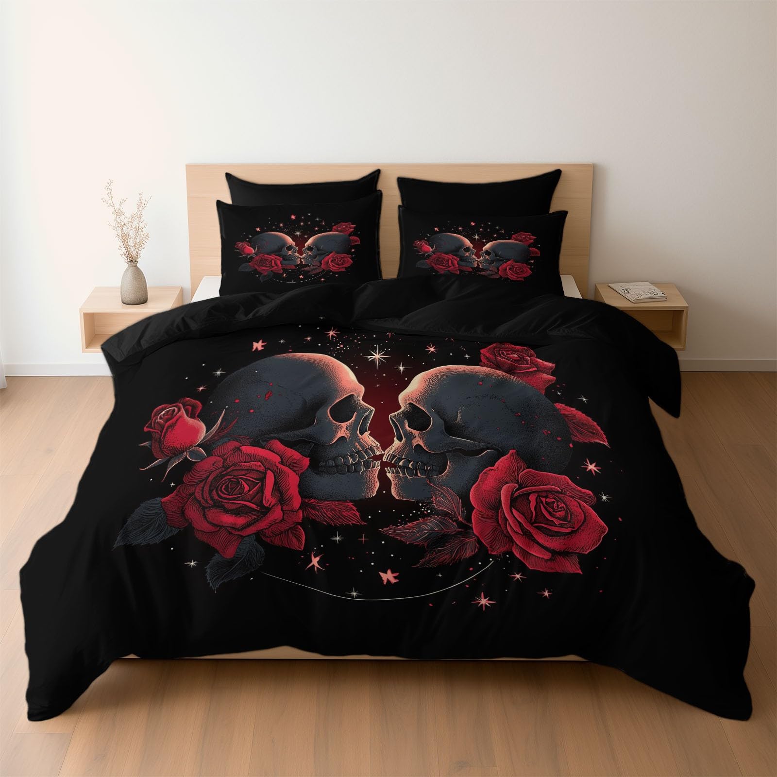Parure de lit noir gothique crâne rose respirante anti-acarien housse couette 200x200