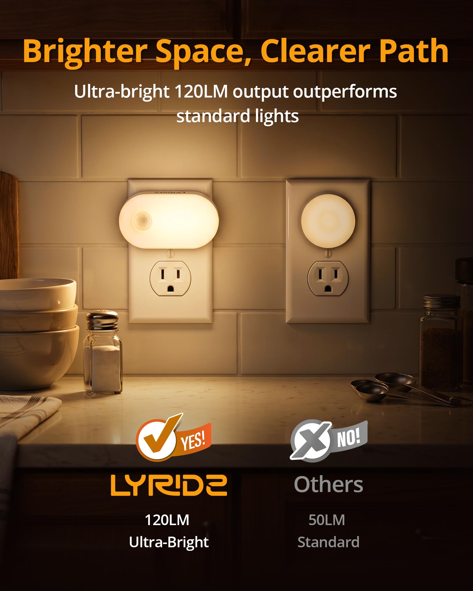 LYRIDZ - Luz nocturna con sensor de movimiento, luz nocturna inteligente de 1 a 120 lm, luz blanca cálida LED con brillo ajustable continuo para dormitorio, cocina, escaleras, pasillo, paquete de 6