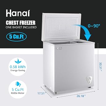 Chest Freezer Deep Freezer 5.0 Cu.Ft Mini Freezer White Free-Standing Top Door Adjustable 7 Thermostat and Removable Basket Open Deep Freezer Energy Saving Garage Basement Apartment Kitchen