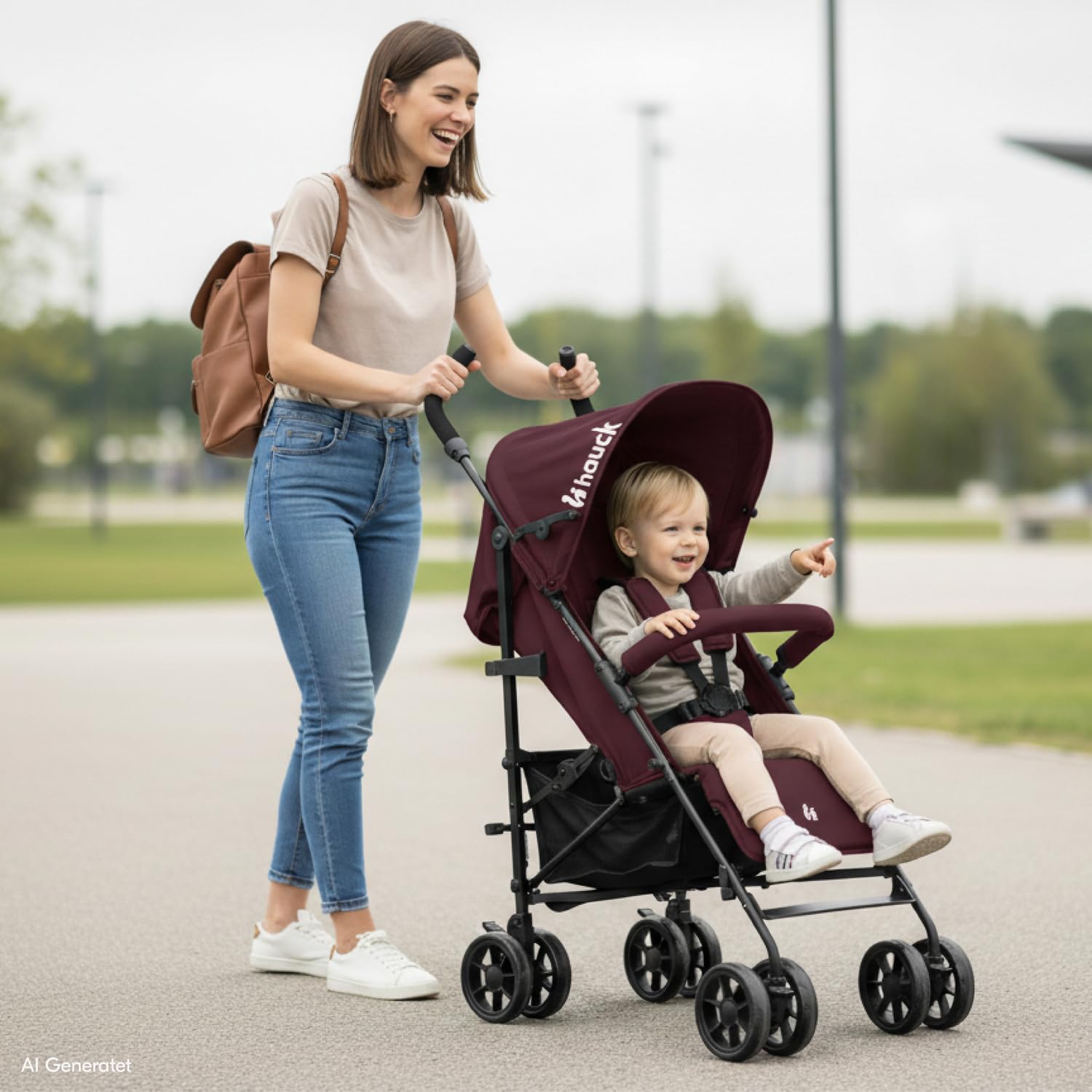 hauck Fold N Care, Blackberry - Passeggino a Ombrello per Bambini da 6 Mesi fino a 22 kg, Pieghevole e Leggero (7,6 kg), Schienale Reclinabile, Cappottina UPF 50+, Cesto XL, Ruote EVA Piroettanti
