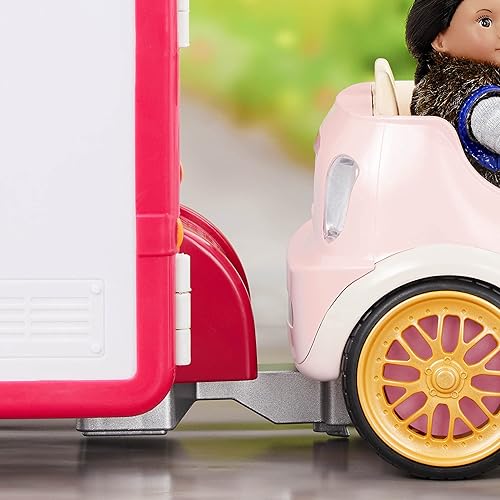 Miniatura 13 de Lori Dolls Ride & Shine Pickup Truck - Coche rosa para mini muñecas de 6 pulgadas, enganche de remolque y puertas que se abren, vehículo de juguete