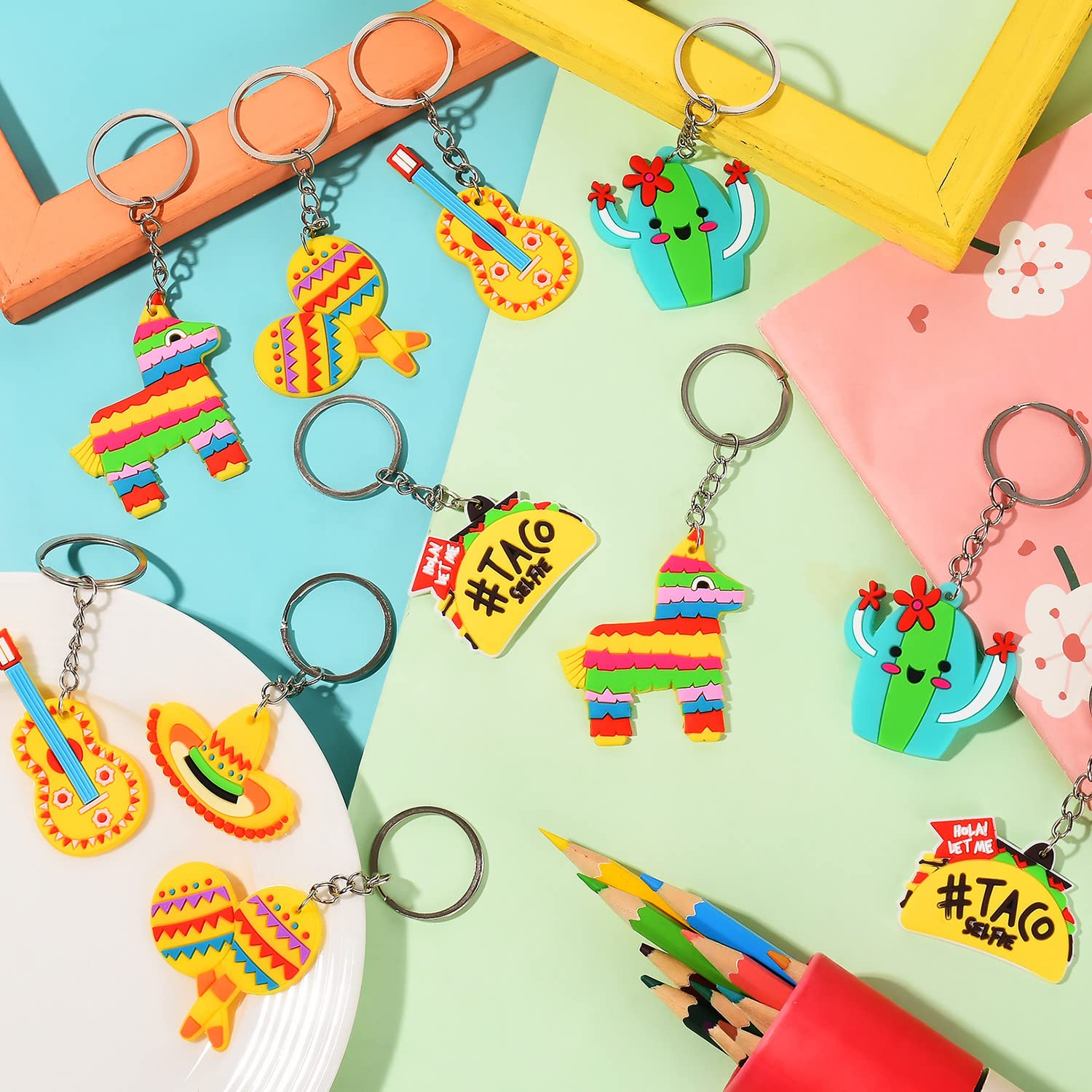 Mexican Fiesta Keychains - Cinco De Mayo Donkey Maraca Sombrero Taco Guitar Cactus Keychains