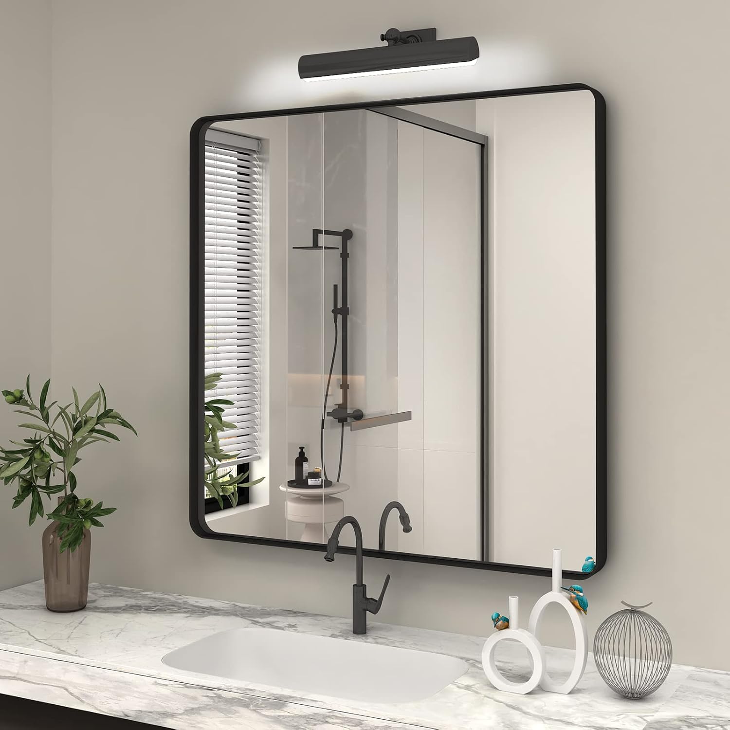 CHARMOR 36x36 Square Black Bathroom Mirror, Matte Framed