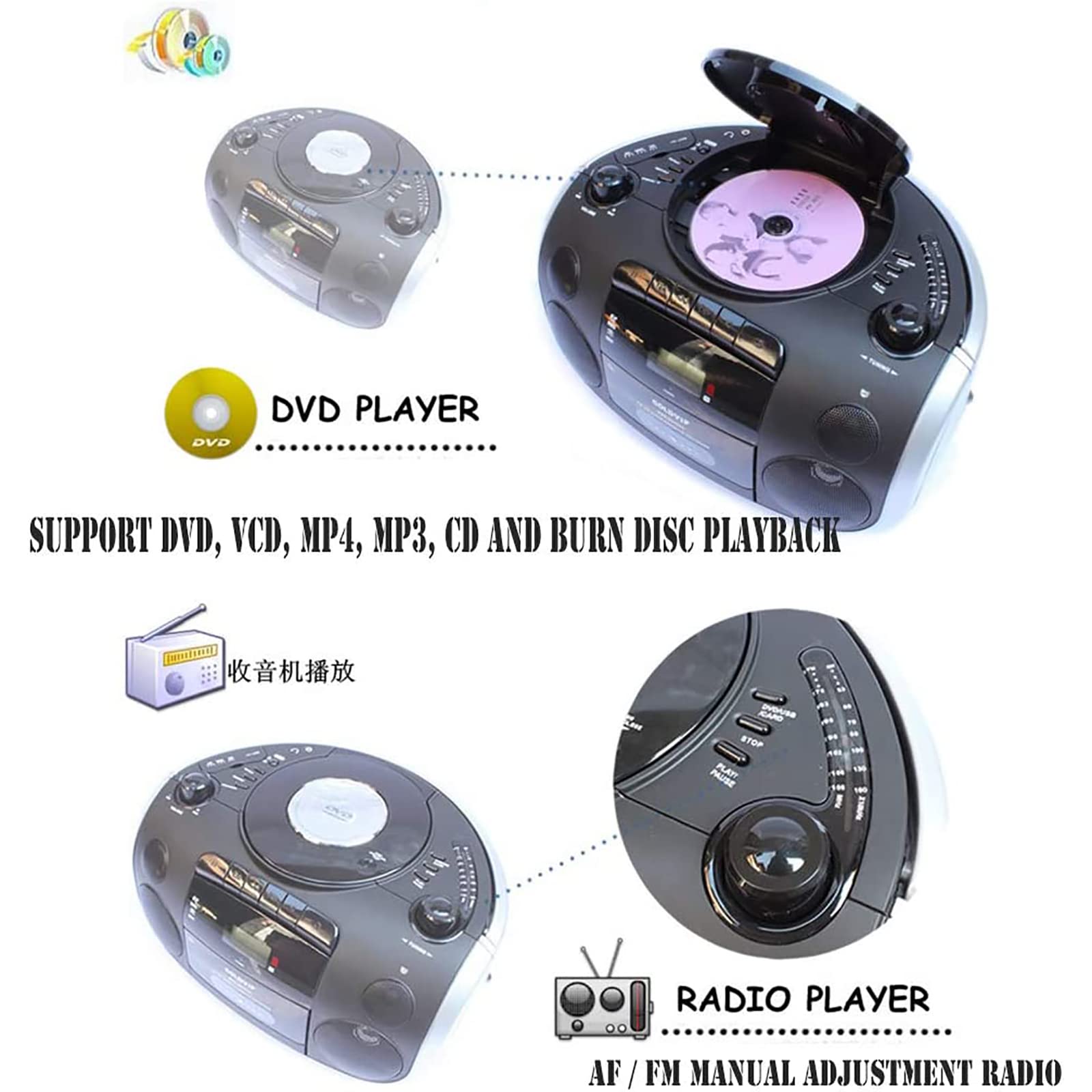 Radio Retro, Boombox de CD portátil, grabadora de Casete, con Control Remoto, Radio Am/FM, Entrada AUX de 3,5 mm, Conector para Auriculares, Pantalla LED, se Puede conect