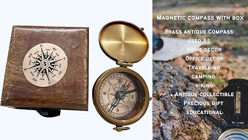 Miniatura 5 de Brújula de bolsillo de latón antiguo con caja de madera, herramienta de navegación magnética de 2 pulgadas, vintage, náutico, coleccionable, para