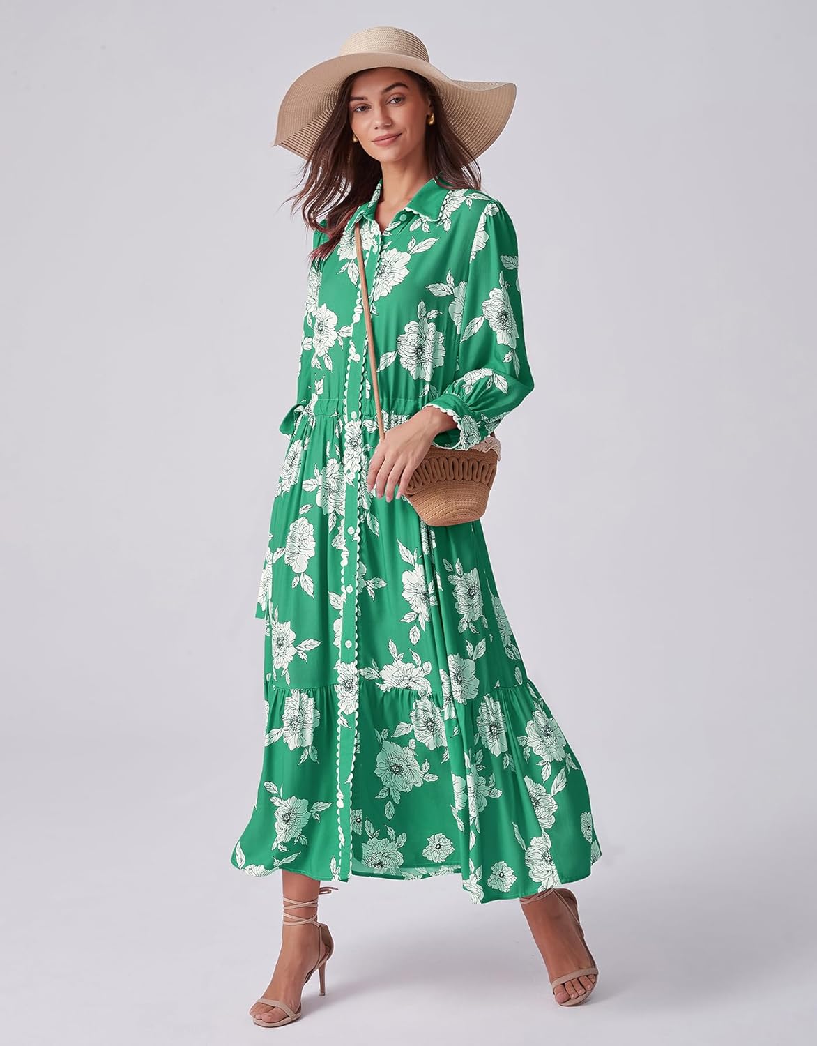 Kedera Womens Maxi Shirt Dress Floral Fall Collared 3/4 Long Sleeve Button Down Drawstring Waist Midi Dresses Winter - Image 3