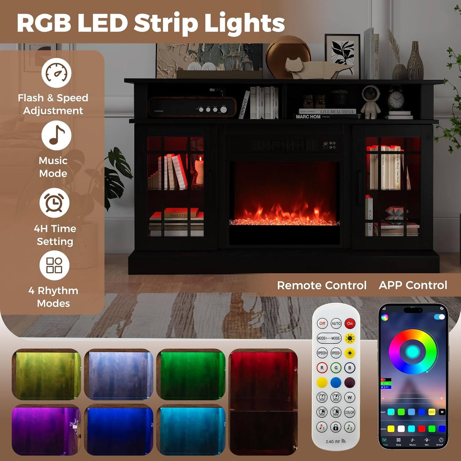Image showing the RGB LED strip lights feature with remote control and smartphone app control options, along with various color swatches.