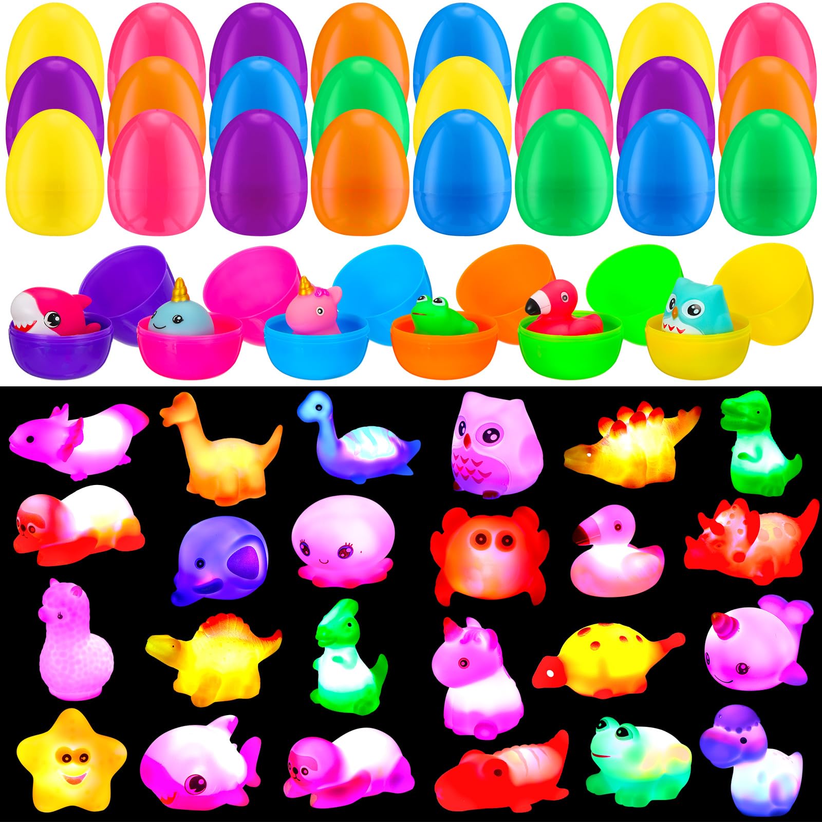 Motionchic 48 Pcs Prefilled Easter Eggs with Light up Bath Toys Plastic Eggs with Toys Inside Easter Basket Stuffers with Rubber Shower Toy for Boys Girls Party Favors Classroom Prize Supplies