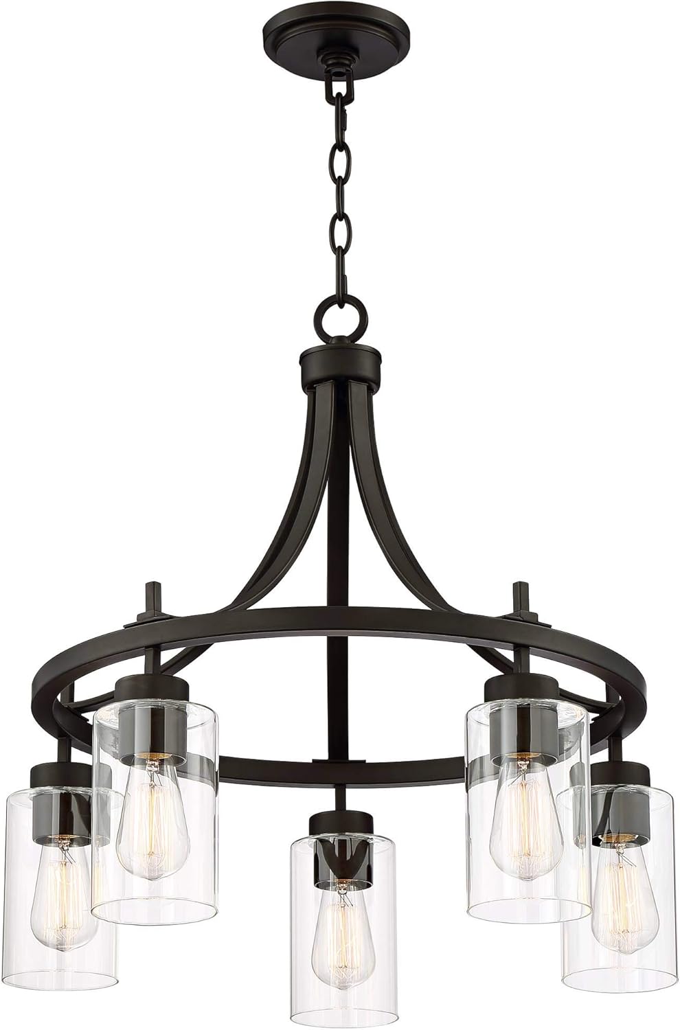 Franklin Iron Works Caleb Bronze Wagon Wheel Pendant Chandelier 23 3/4" Wide Industrial Clear Glass 5-Light Fixture for Dining Room House Foyer Entryway Kitchen Bedroom Living Room High Ceilings