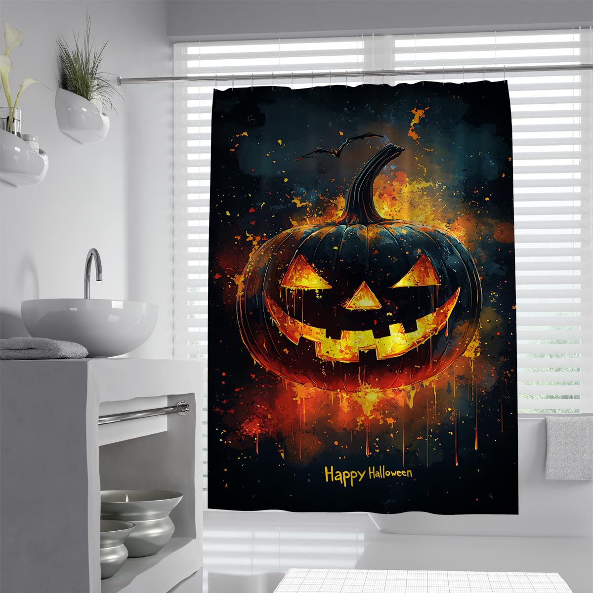 UIRINGART Scary Happy Halloween Pumpkin Shower Curtain W120xL180cm Big Smiling Lantern Flying Bat Pattern Anti Mould Waterproof Bathtub Screens for Wet Room with Hooks