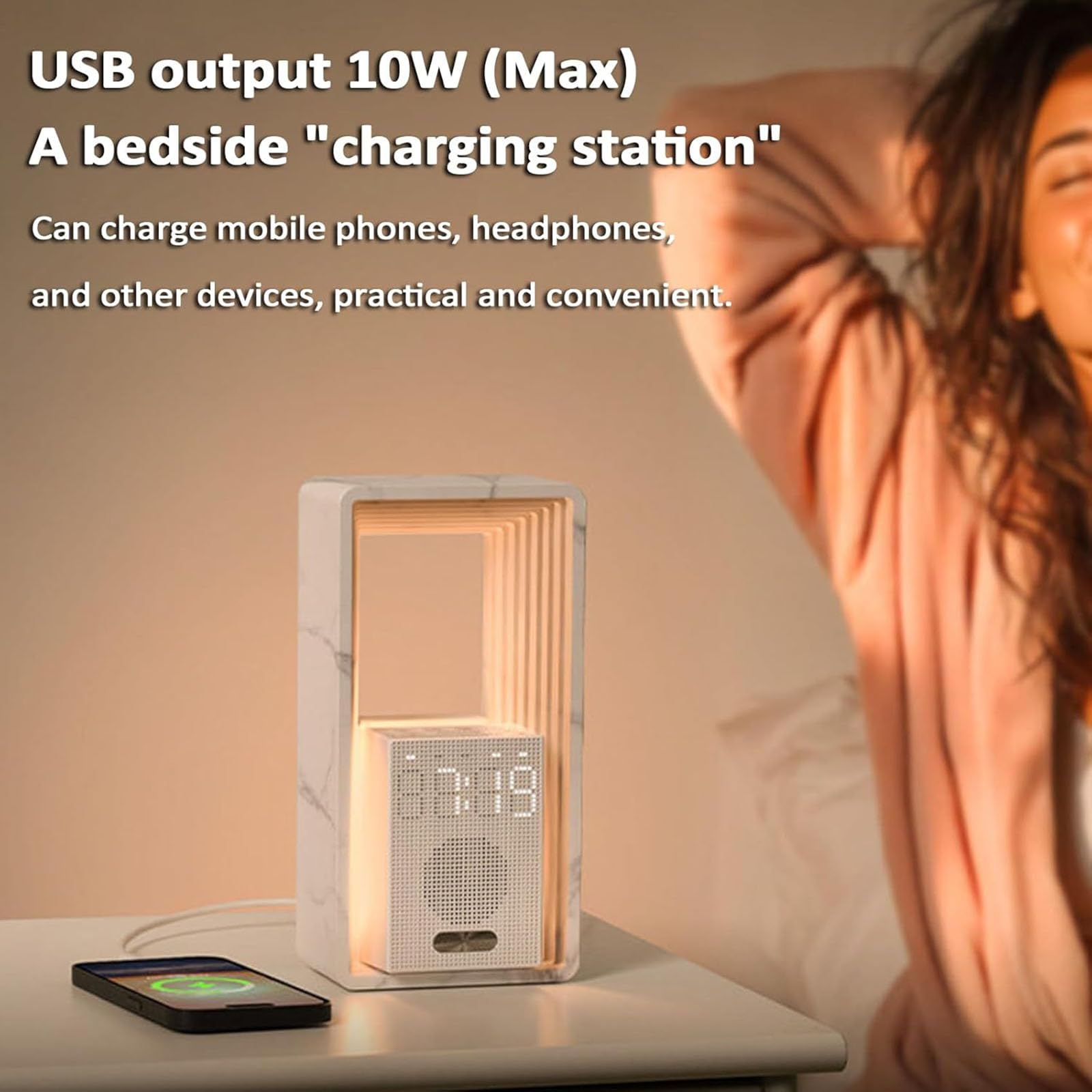 Sonnenaufgangswecker mit Nachtlicht, Dimmbares Display, Einschlafhilfe-Töne, automatische Abschaltung, USB-Ladeanschluss, ideal für zu Hause oder auf Reisen