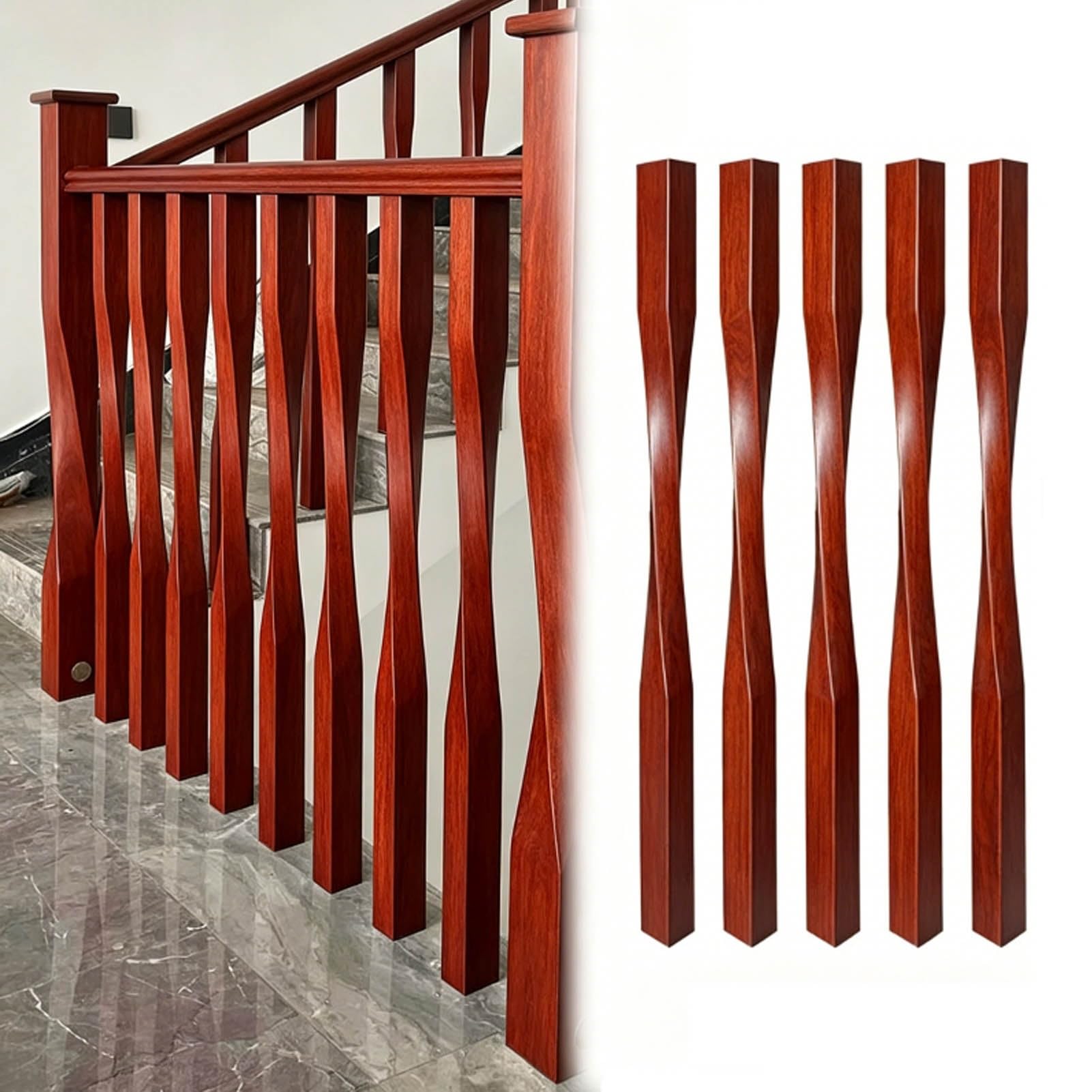 JFBLSD Solid Wood Stair Balusters, Indoor Stair Railing Spindles 37 Inch, Contemporary Staircase Spindles Bundles Handrail Parts, Twist Pole Square Column Post/Handrails(Red,5Pcs)