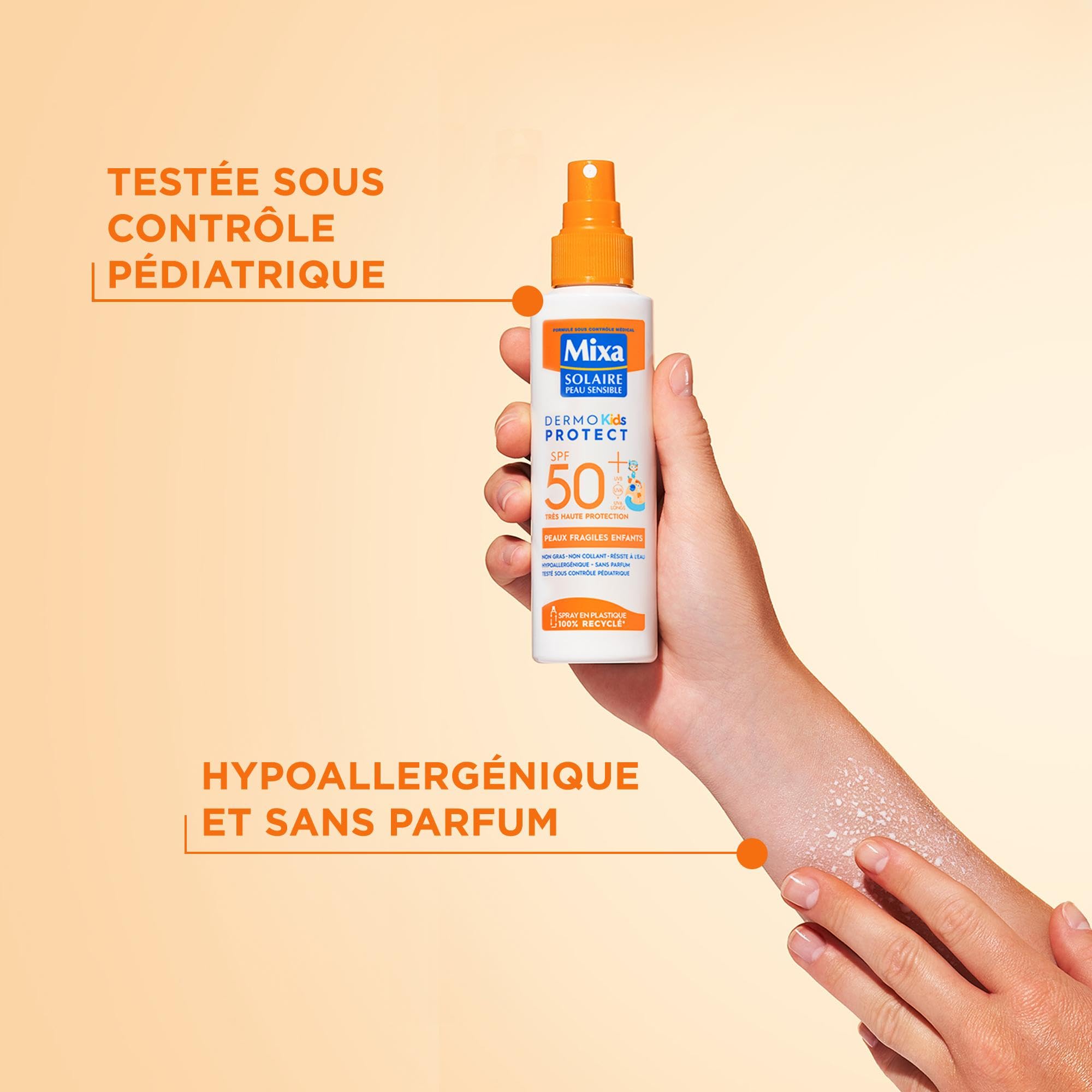 Mixa Solaire Peau Sensible - Spray Solaire Très Haute Protection SPF50+ UVA, UVA longs, UVB - Peaux Fragiles Enfants - Résistant à l'Eau - Anti-sable - Hypoallergénique, Sans Parfum - 150ml