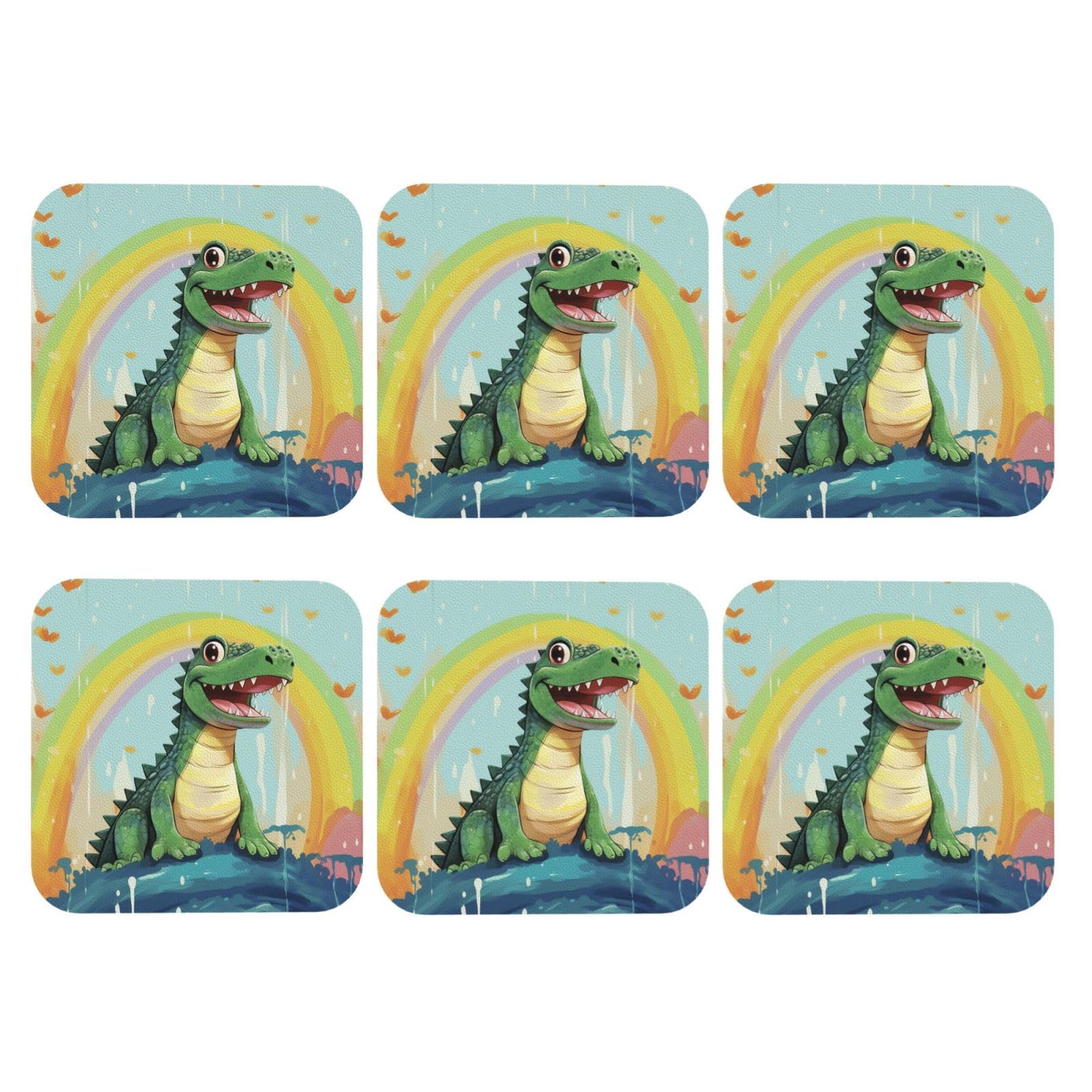 6pcs Leather Coasters for Drinks, Cute Crocodile Rainbow Drink Coasters for Tabletop Protection, 4" Cup Coasters for Coffee Table Decor, Non-Slip Drinking Cup Mat for Hot Or Cold Drink