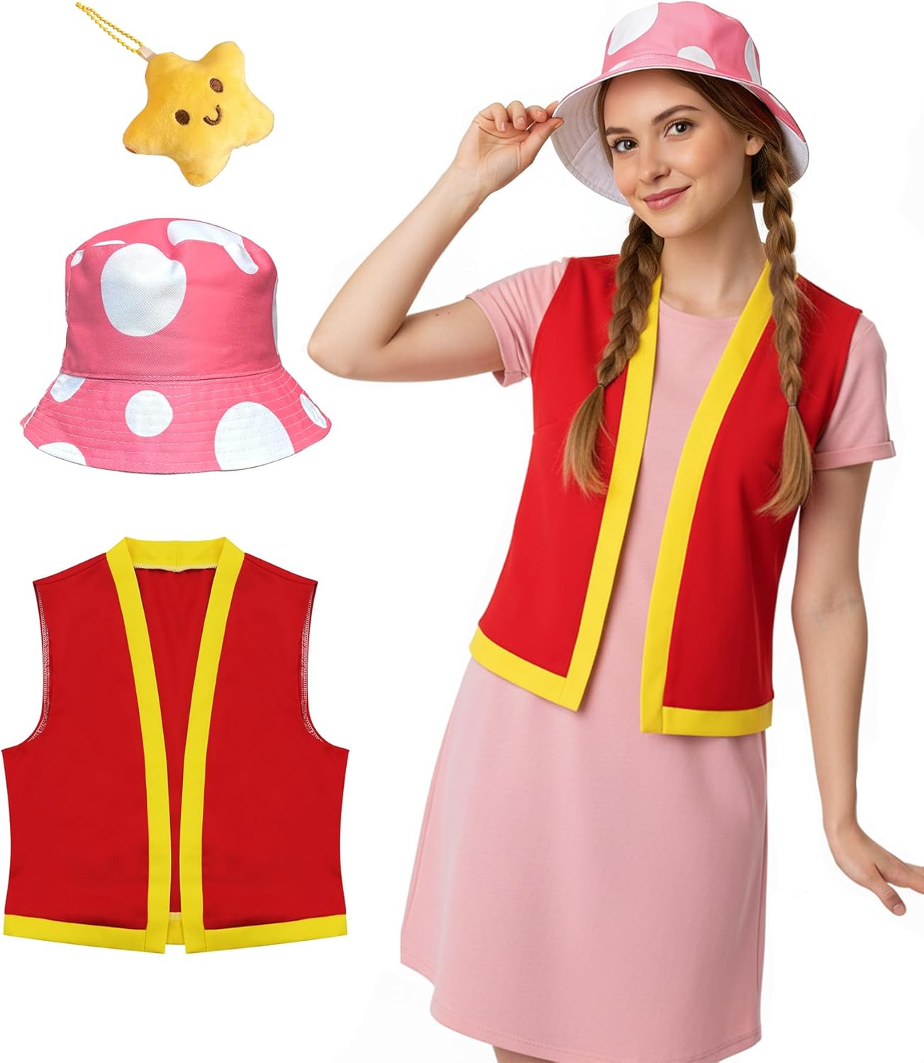 Toad Costume Adult Toadette Toad Vest Mushroom Hat Unisex Halloween Cosplay Costume Women Men Party Dress Up Set