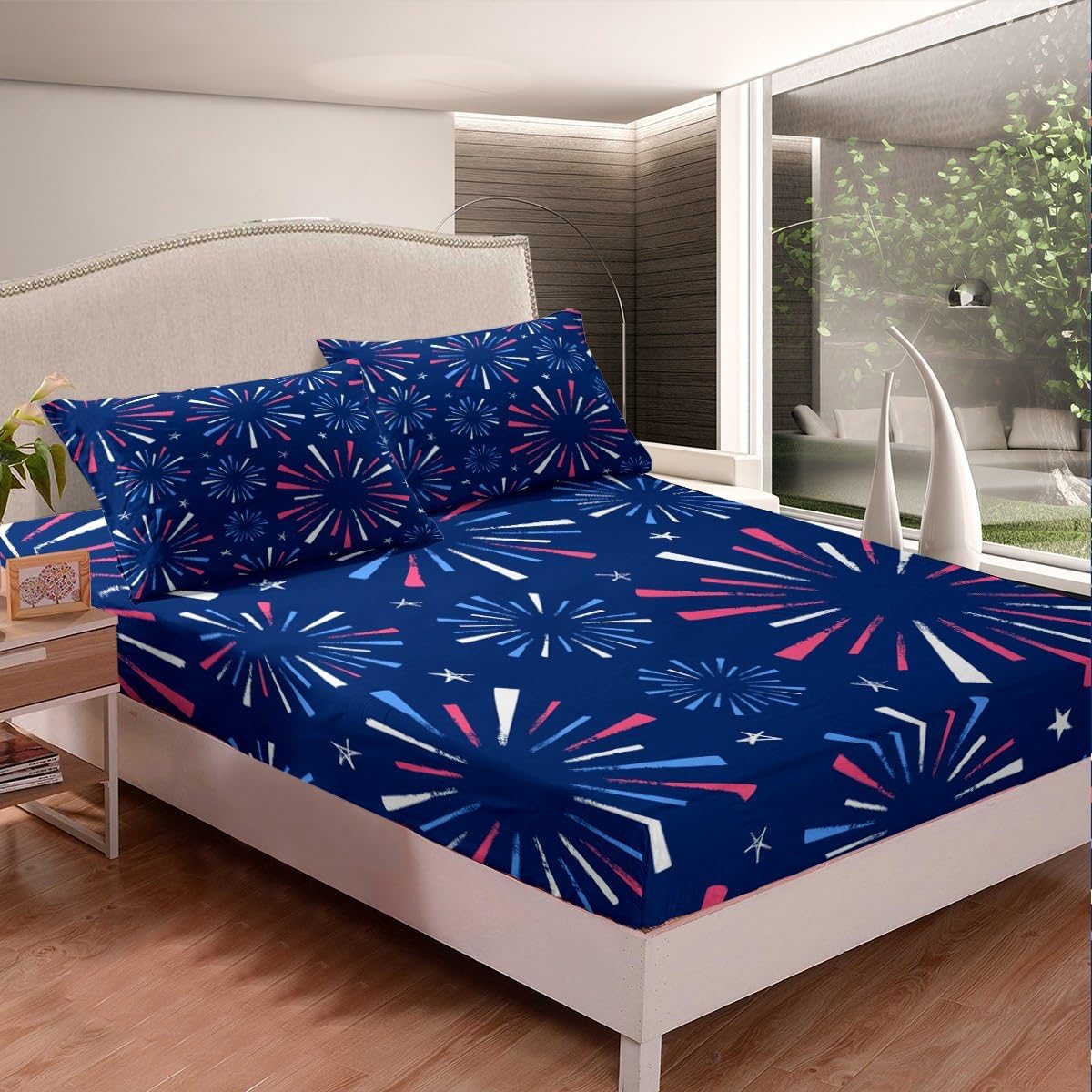 Feelyou 4th of July Decor Sheet Set King Size Kids Independence Day Memorial Day Sheets with Deep Pocket Fitted Sheet for Boys Teens Blue Firework Bed Sheets Set Breathable Room Decor