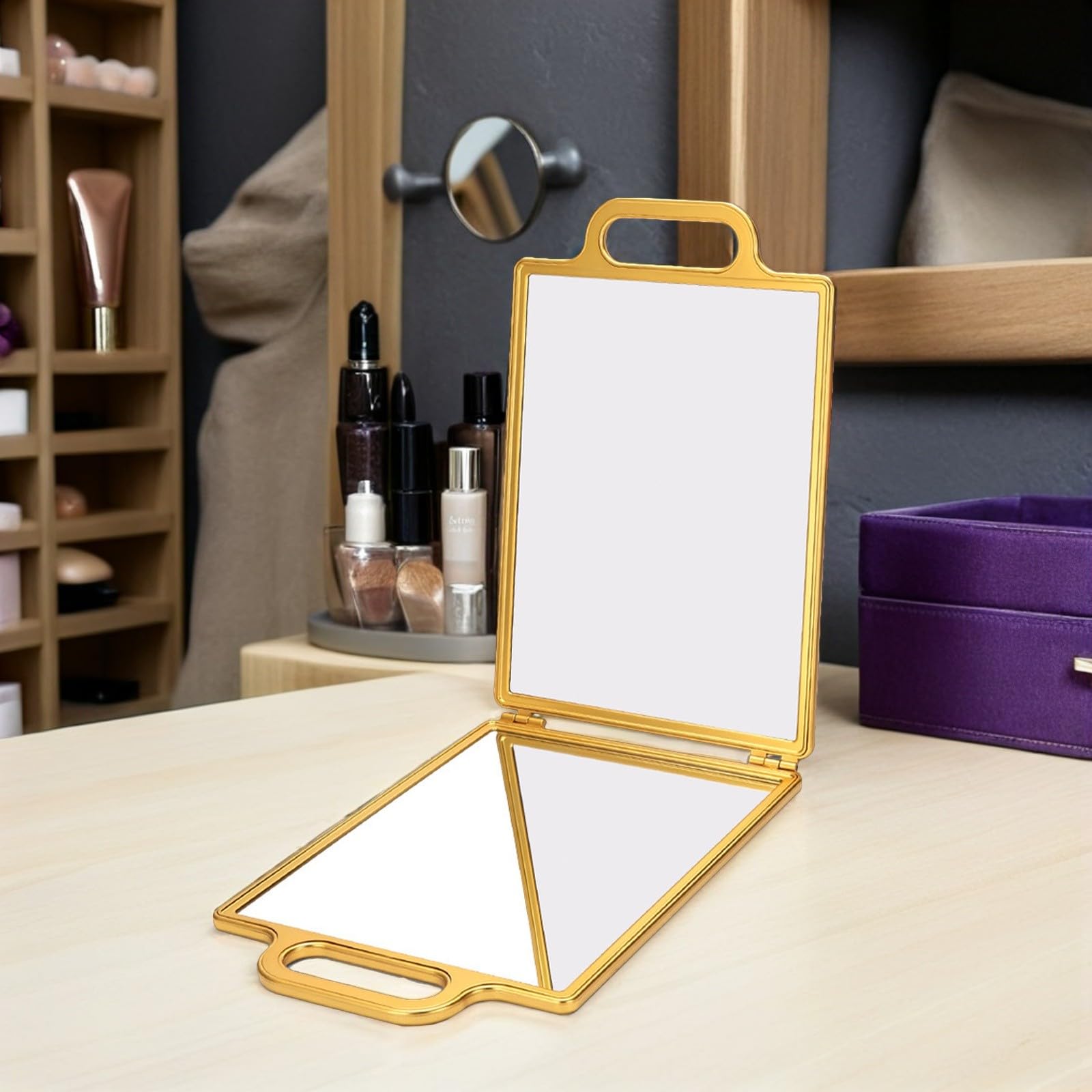 Specchio da Portatile Oro con Design Doppio Lato Pieghevole e Vetro, Specchio da Viaggio Compatto per Taglio Chioma e Styling Personale