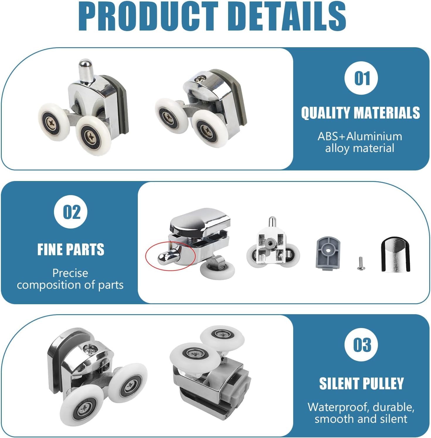 Linwnil Shower Door Rollers 23mm, 4pcs, Chrome, 4-6mm Glass Thickness, 12-14mm Aperture, Anti-Collision Block, Stainless Steel Screws - Image 4