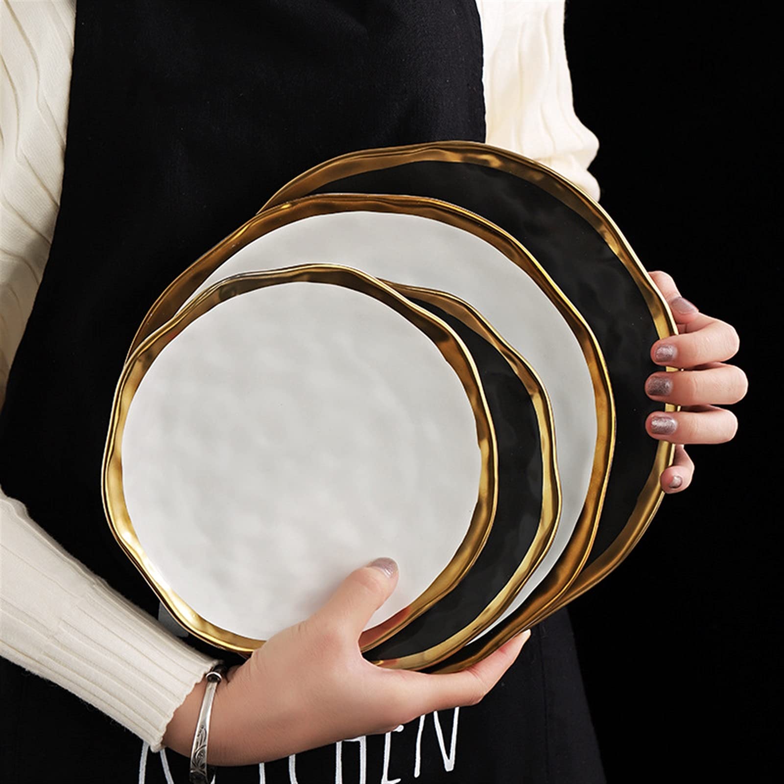 Talerz obiadowy Zestaw obiadowy Nordic z ceramicznym talerzem i złotym rantem, urocze talerze, dekoracyjne zestawy naczyń talerzy, okrągła taca do serwowania, naczynia sałatek owocowych(Pink)