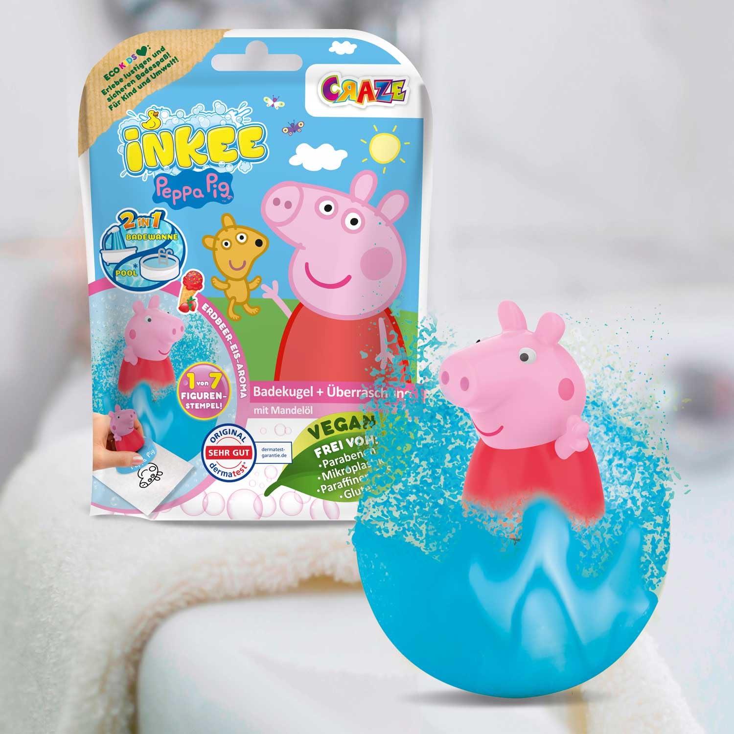 INKEE Surprise Juego de 8 Bombas de baño de Peppa Pig para niños, con Sorpresa, Juguete de Peppa Pig para la bañera, con Aroma a Fresa y Efecto Espuma