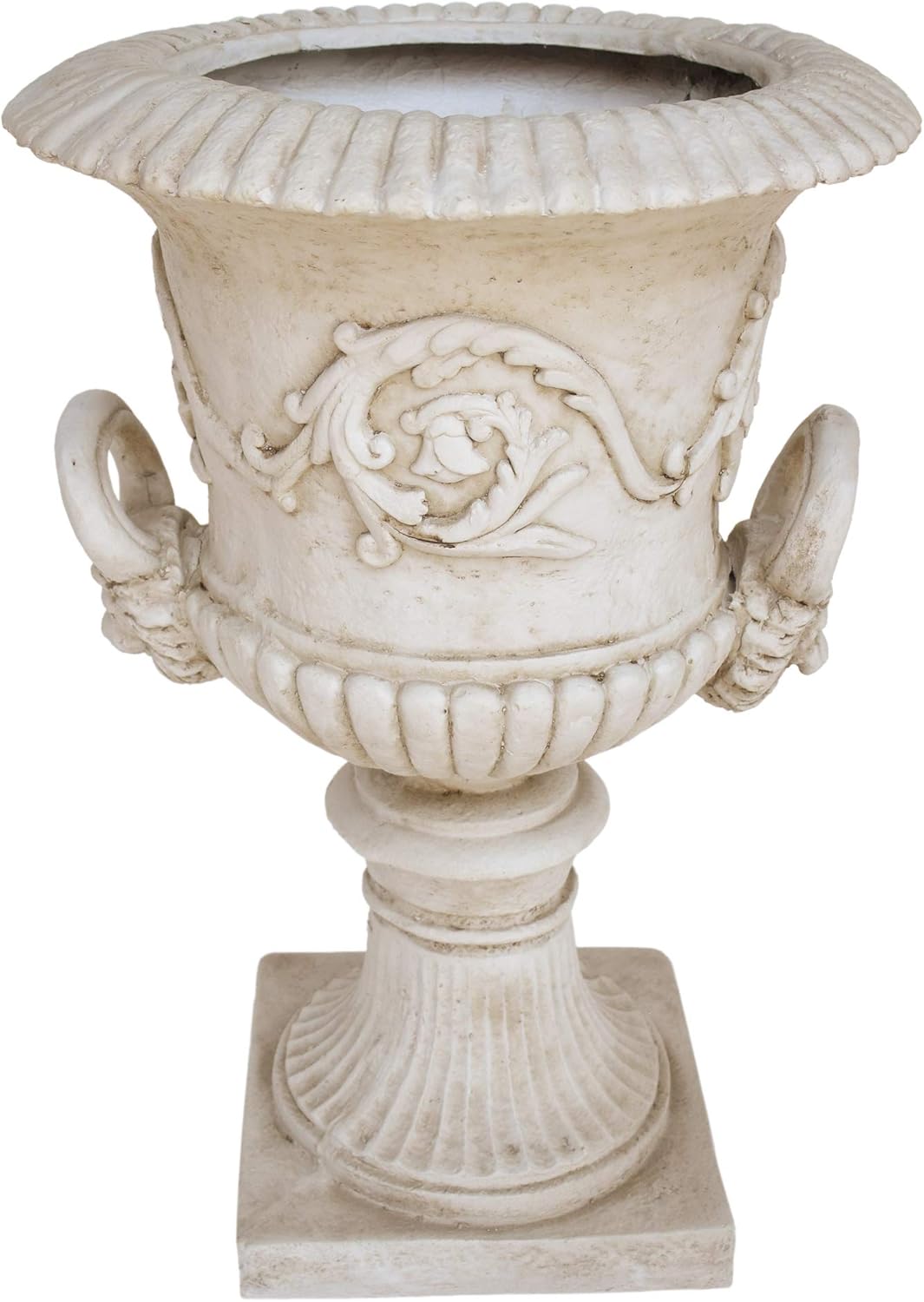 Great Deal Furniture Garden Urn Planter, Roman, Botanical, Antique White Lightweight Concrete