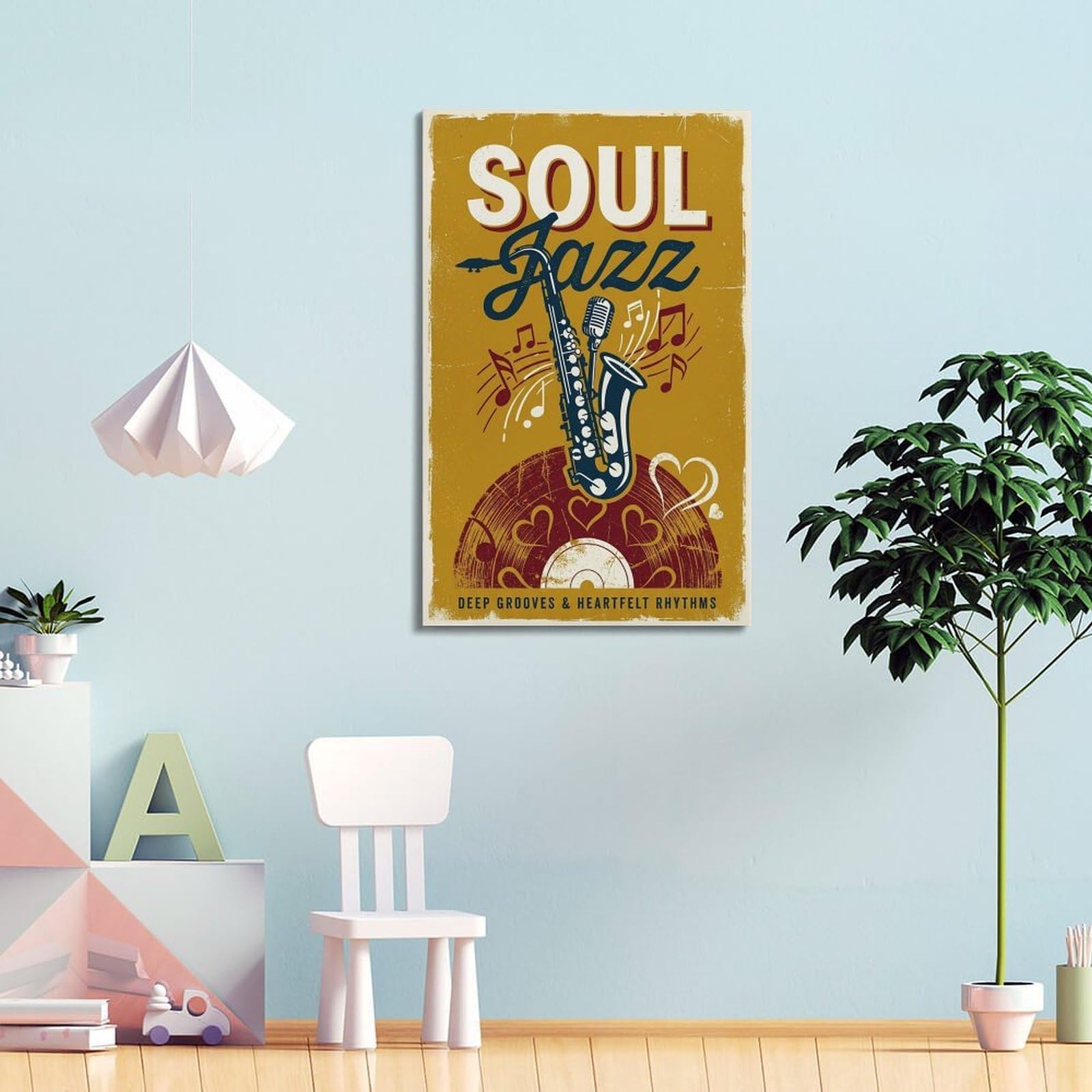 OKNGB Musikposter mit Saxophon und Vinyl-Schallplatten-Poster, Motiv: Soul, Jazz, Vintage-Stil, dekoratives Gemälde, Leinwand, Wandposter und Kunstdruck, moderne Familienschlafzimmer-Dekoration