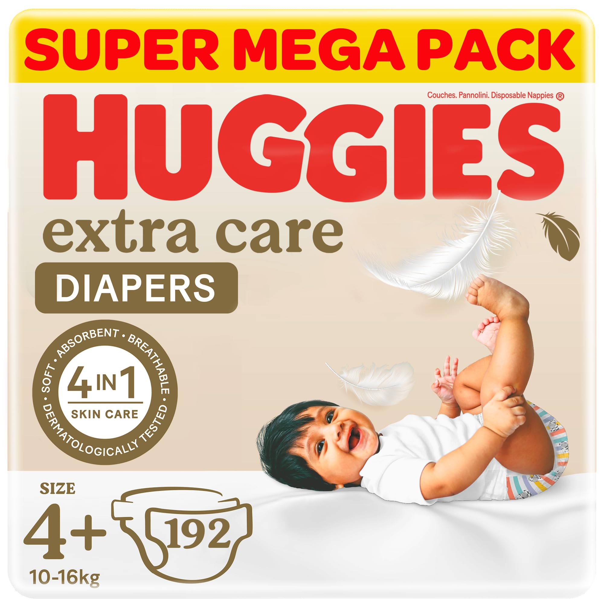 Huggies Extra Care Baby Diapers, Size 4+ (10-16 kg), Super Mega Pack, 192 Diapers
