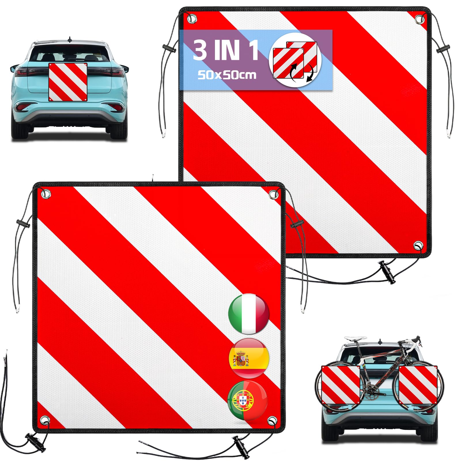 2 Stück Alu Warntafel für Italien Spanien Portugal, 3 In 1 Reflektierend Warnschild 50x50CM mit Spannseile & Eckenschützer, Zertifizierte für Fahrradträger Heckträger Anhänger Auto Wohnmobil