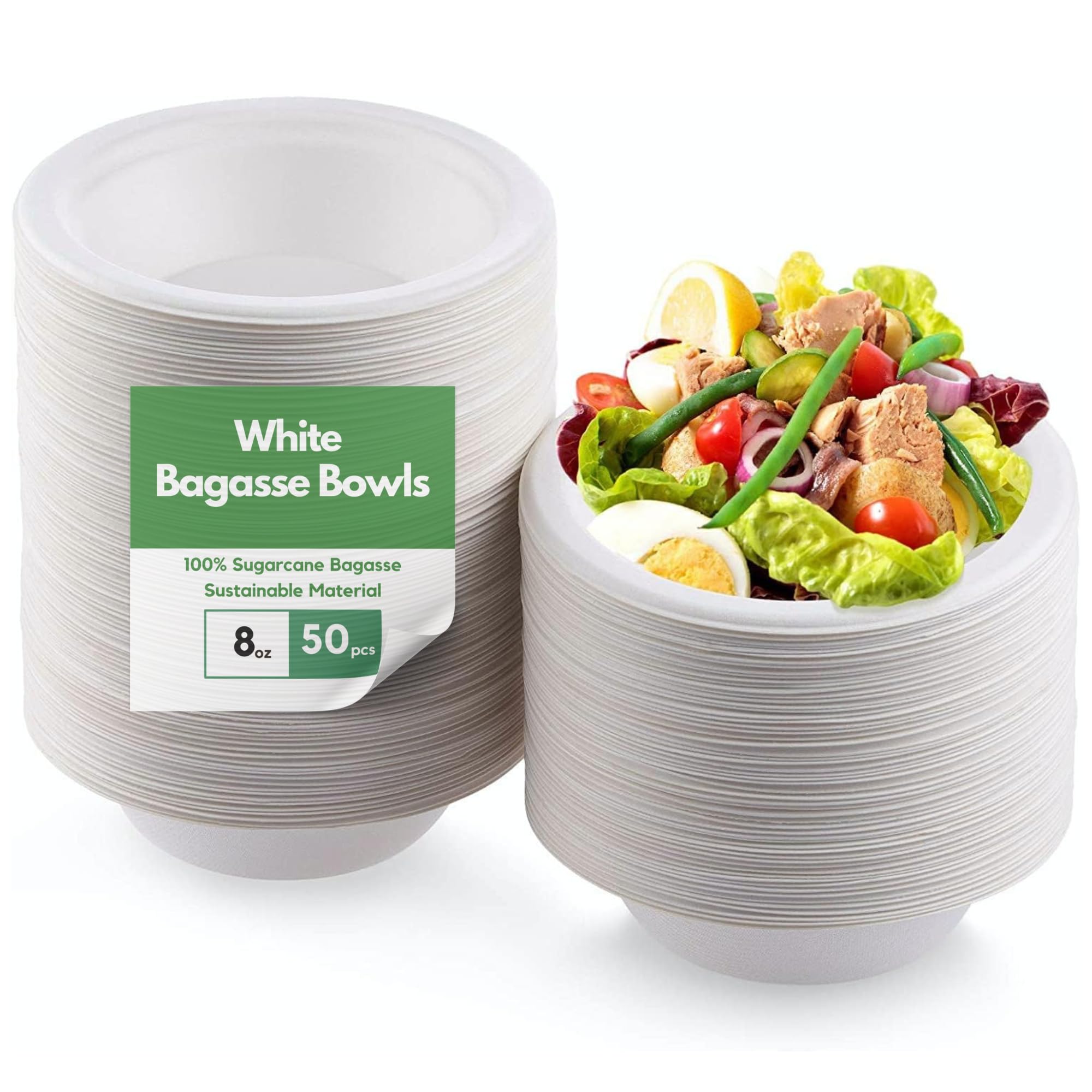 Caterco White Bagasse Sugarcane 8Oz / 240Ml Bowls - Strong, Disposable, Biodegradable, Compostable Eco-Friendly Paper Bowl For Soup, Salad, Dessert, Party, Bbq - 8Oz Bowls - 50 Pack