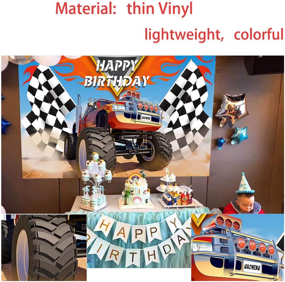 Monster Truck Grave Digger Theme Backdrop Black and White Flags Party Banner Vinyl Photobooth Props Backgrounds Happy Birthday Decoration 5x3ft