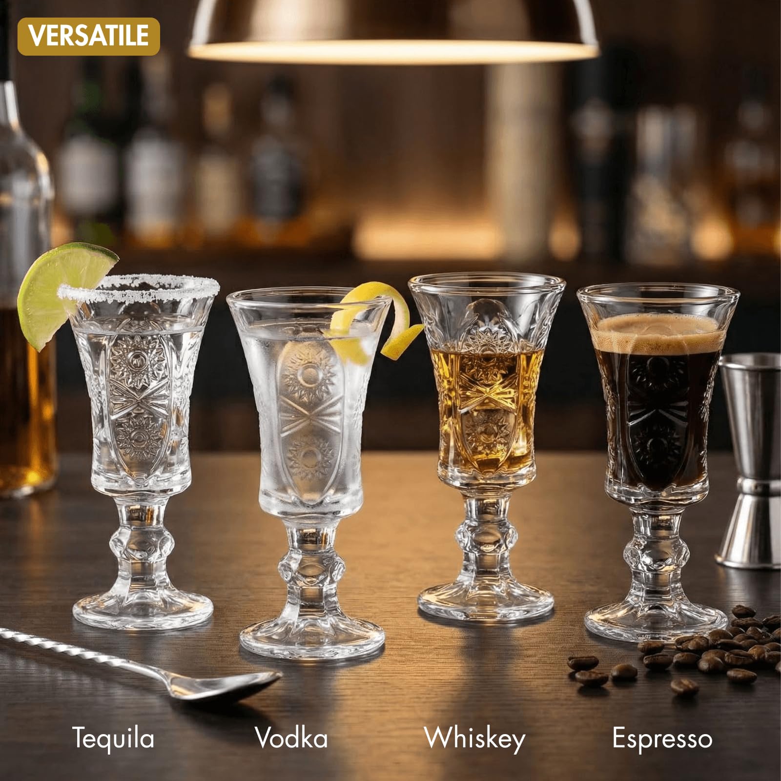 Youeon Juego de 12 vasos de chupito de 1.5 onzas, vasos de chupito de vidrio grabado con base pesada, vasos pequeños para tequila, whisky, vodka, licor, mini vasos cordiales para bar de fiesta