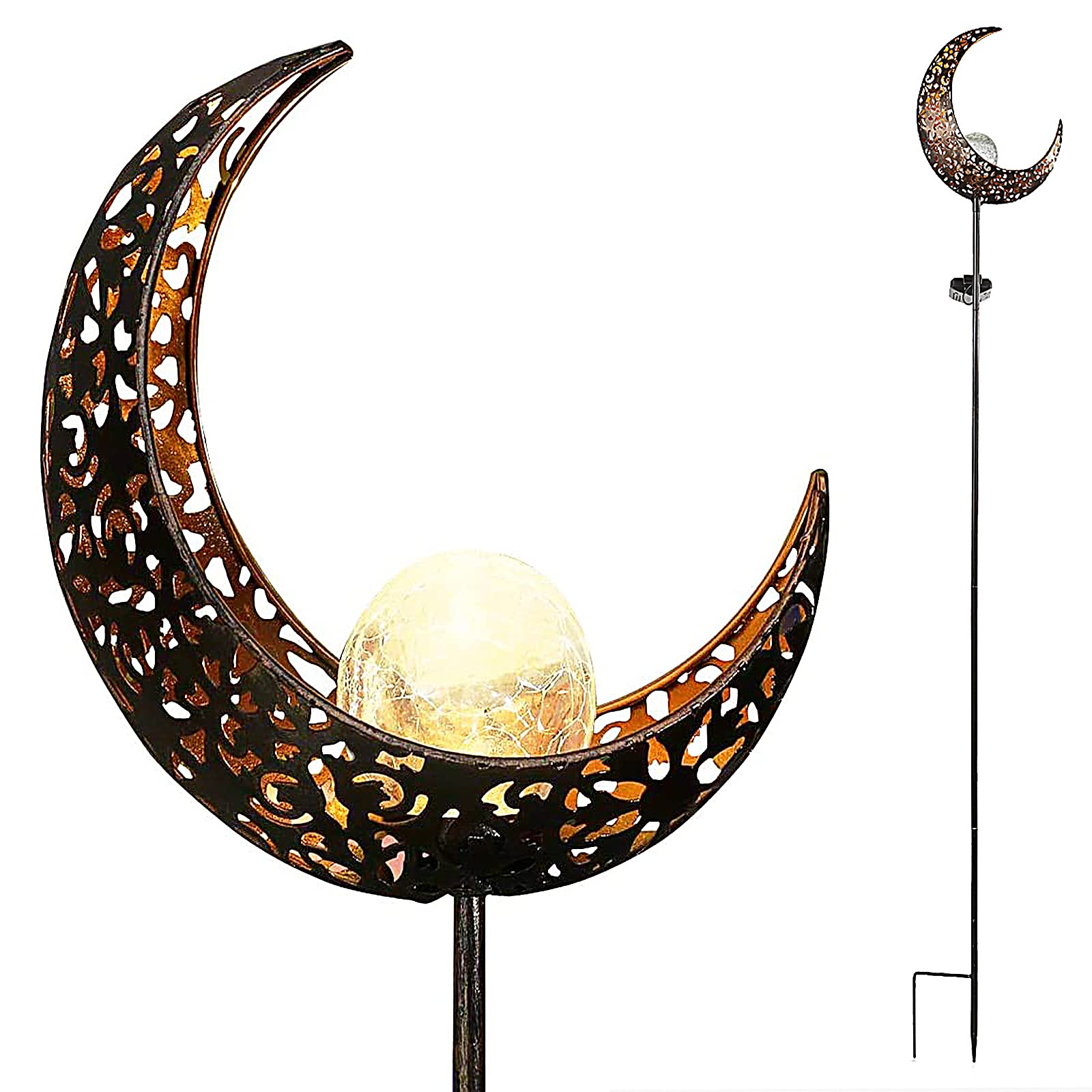 Starryfill Moon-Shaped Garden Solar Lights Outdoor Bronze Metal Waterproof Stake with Crackle Glass Globe Warm White LED for