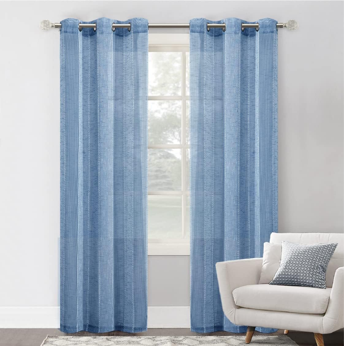 Dainty Home Megan Striped Sheer Fabric 76" x 96" Window Panel Pair in Denim Blue,96MEG76DE Denim Blue 38"W x 96"L (Pack of 1)