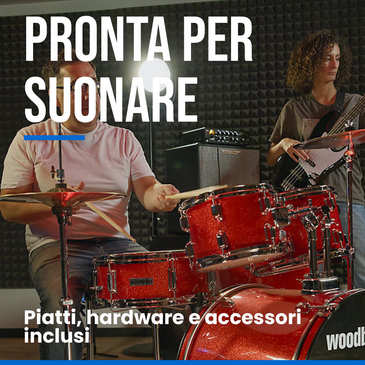 Woodbrass AD100 - Batteria nera lucida, ideale per principianti, pronta all'uso, accessori inclusi - Kit batteria acustica completa fusti di pioppo