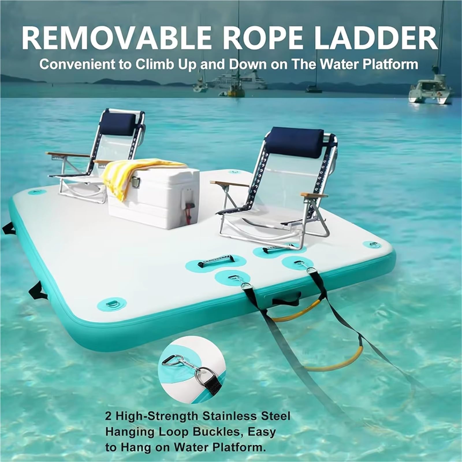 Aufblasbares Schwimmdock mit Seilleiter, rutschfeste Wassermatte für Pool See Meer, inklusive Luftpumpe, Reparaturset, Tragetasche