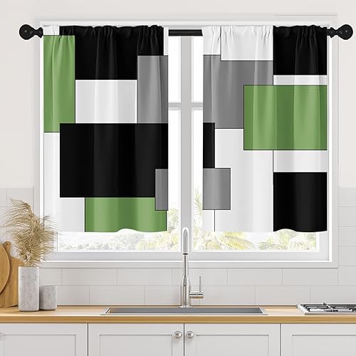Vista 173 de Cortinas geométricas de cocina negras y grises de 63 pulgadas de largo, juego de 2, cortinas grises y blancas para dormitorio, sala de estar, Gris