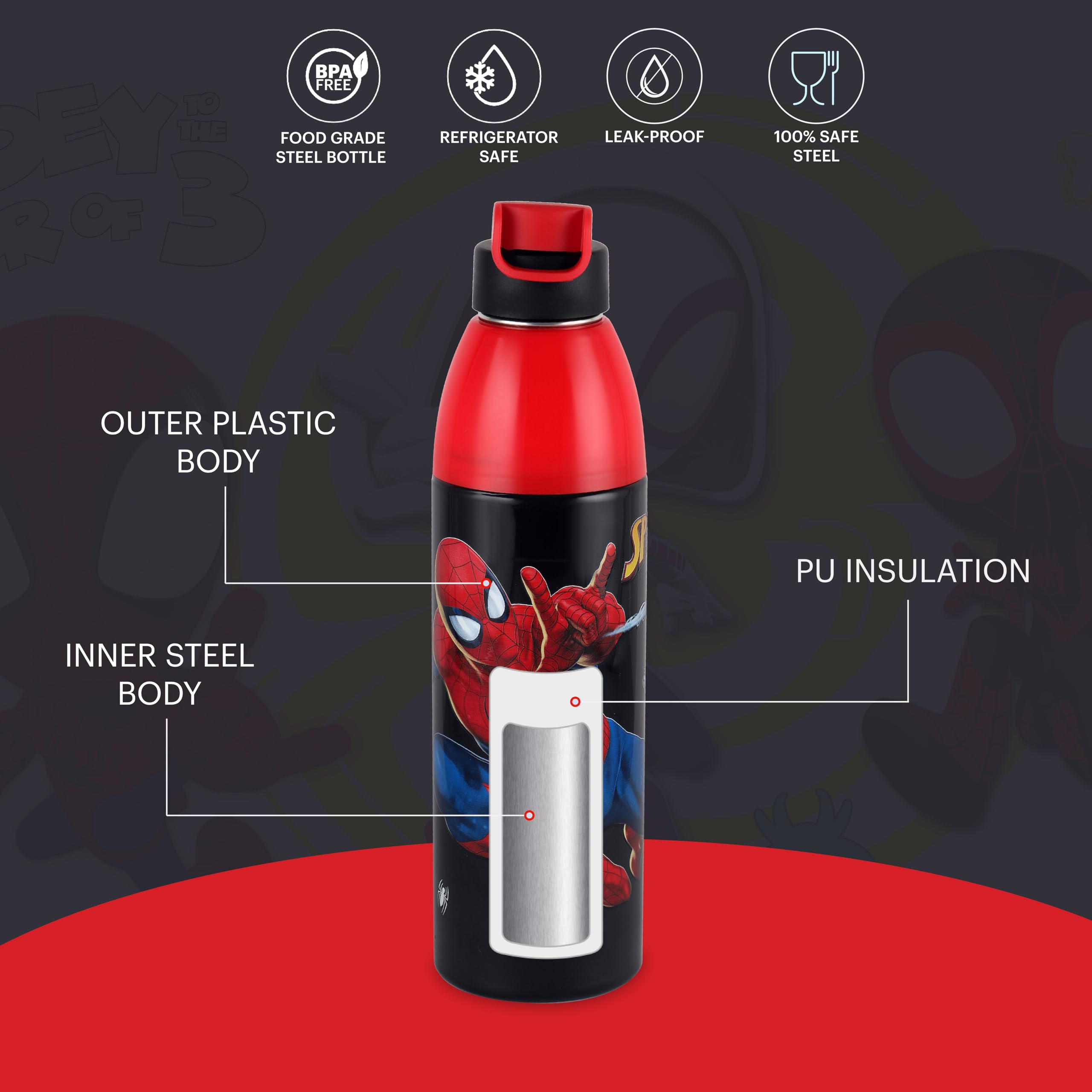 Cello Spiderman Kids Water Bottle - Leakproof & Insulated -3