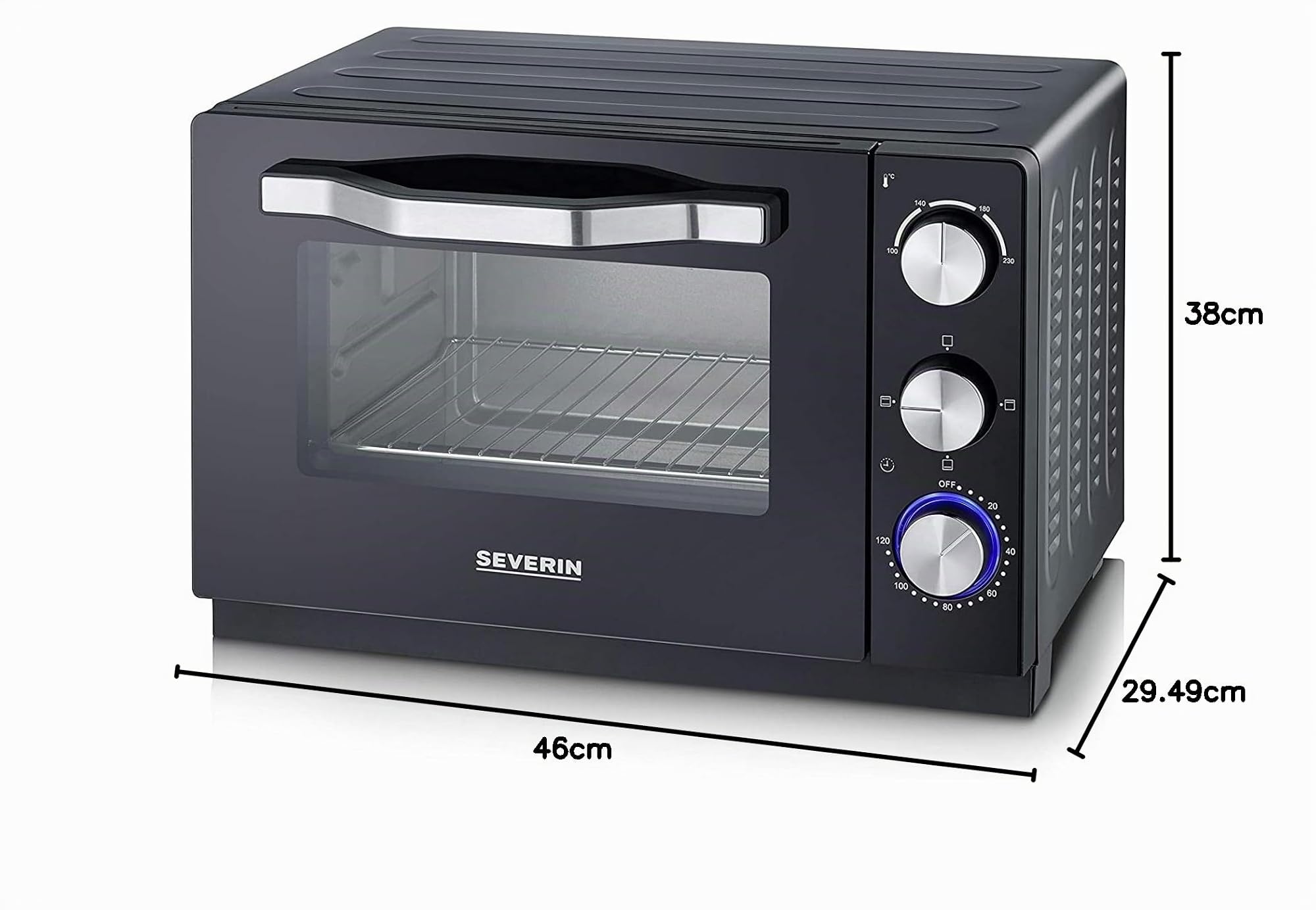 SEVERIN Back- und Toastofen mit Umluftfunktion, Mini Backofen mit Grillrost, Backblech und Krümelblech, bis zu 230 Grad, vielseitiger Toastofen mit 20 L Kapazität, 1.380 W, schwarz, Edelstahl, TO 2070
