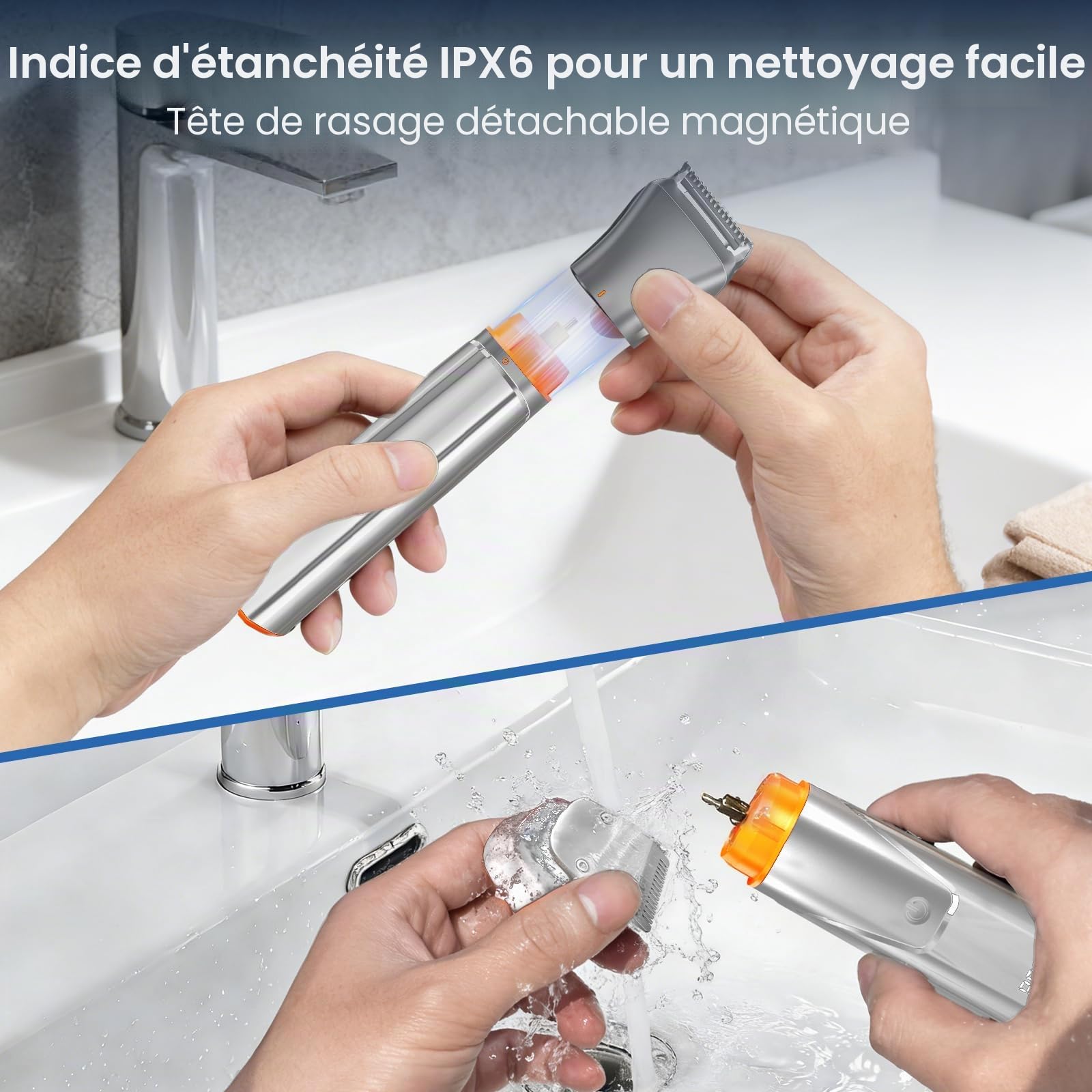 Maxgroom 6-en-1 Tondeuse Barbe Homme,Rasoir Electriques Hommes avec Base de Stockage Organisée,Double Mode de Charge(Base&USB-C),Tête Magnétique Amovible,IPX6 Sec/Mouillé, Autonomie 120 Mins (Argent)