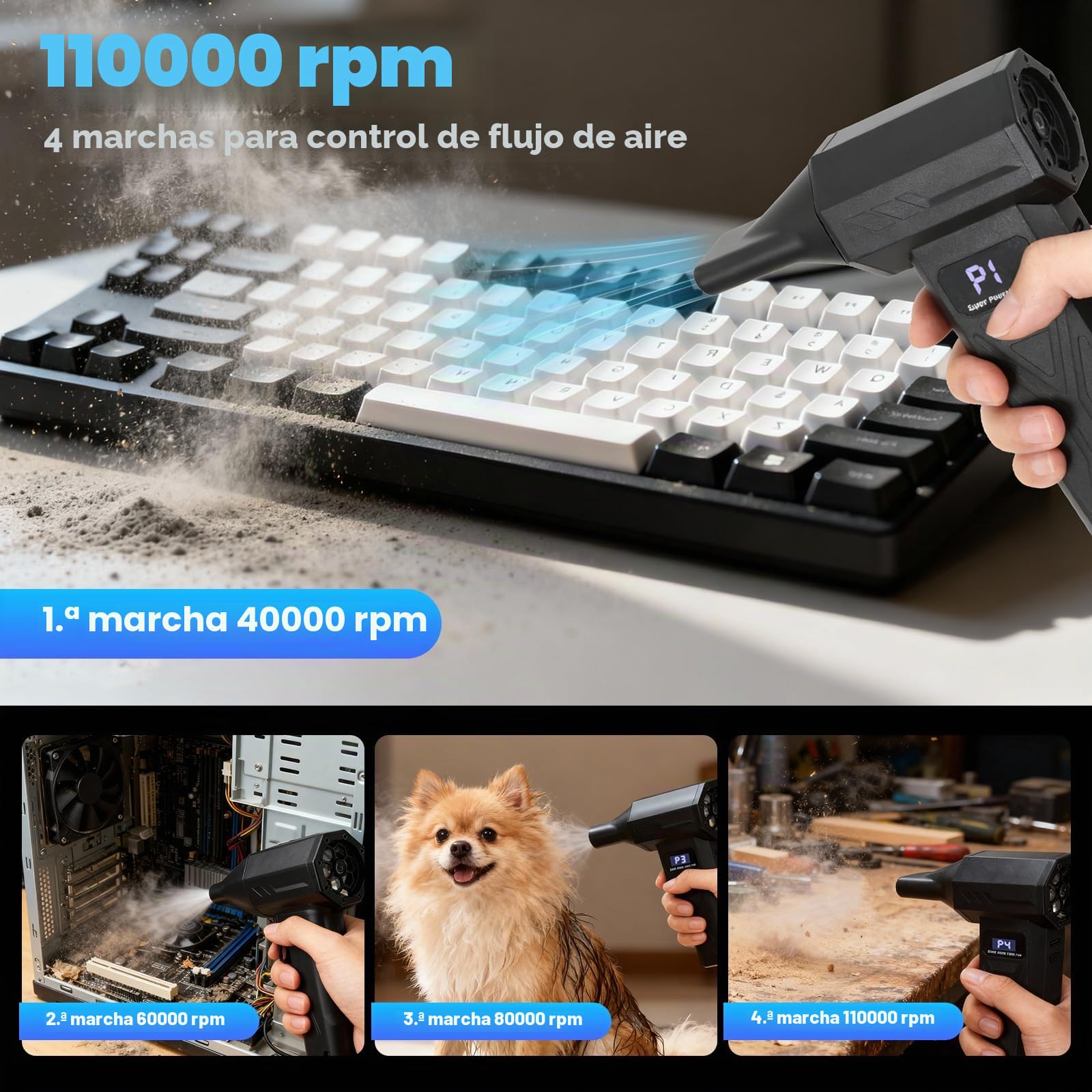Soplador de Aire Eléctrico Inalámbrico 110.000 RPM, Mini Soplador Potente con Batería, 4 Velocidades y Luz LED, Ideal para Limpiar PC, Teclado, Portátil, Coche y Hojas