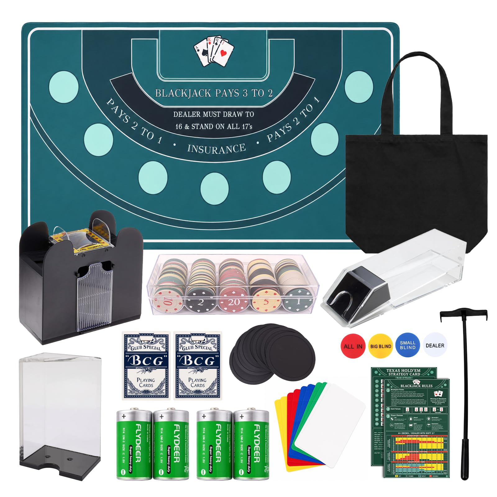Extguds Blackjack Table Game Set, 71" x 35" Casino Felt Layout Mat with Automatic Card Shuffler, Poker Chips, Cards, Dealer Tools and Complete Casino Night Accessories for Home Party Entertainment