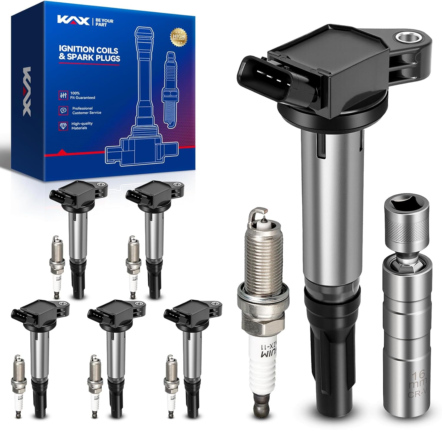 KAX 6-Pack Ignition Coil Pack & Iridium Spark Plugs Kit w/Tool for Toyota Camry 2010-2017, RAV4 2009-2018, Highlander 2009-2010, Venza 2009-2015, 2.5L 2.7L 3.3L 3.5L 4.0L,Replace#UF487